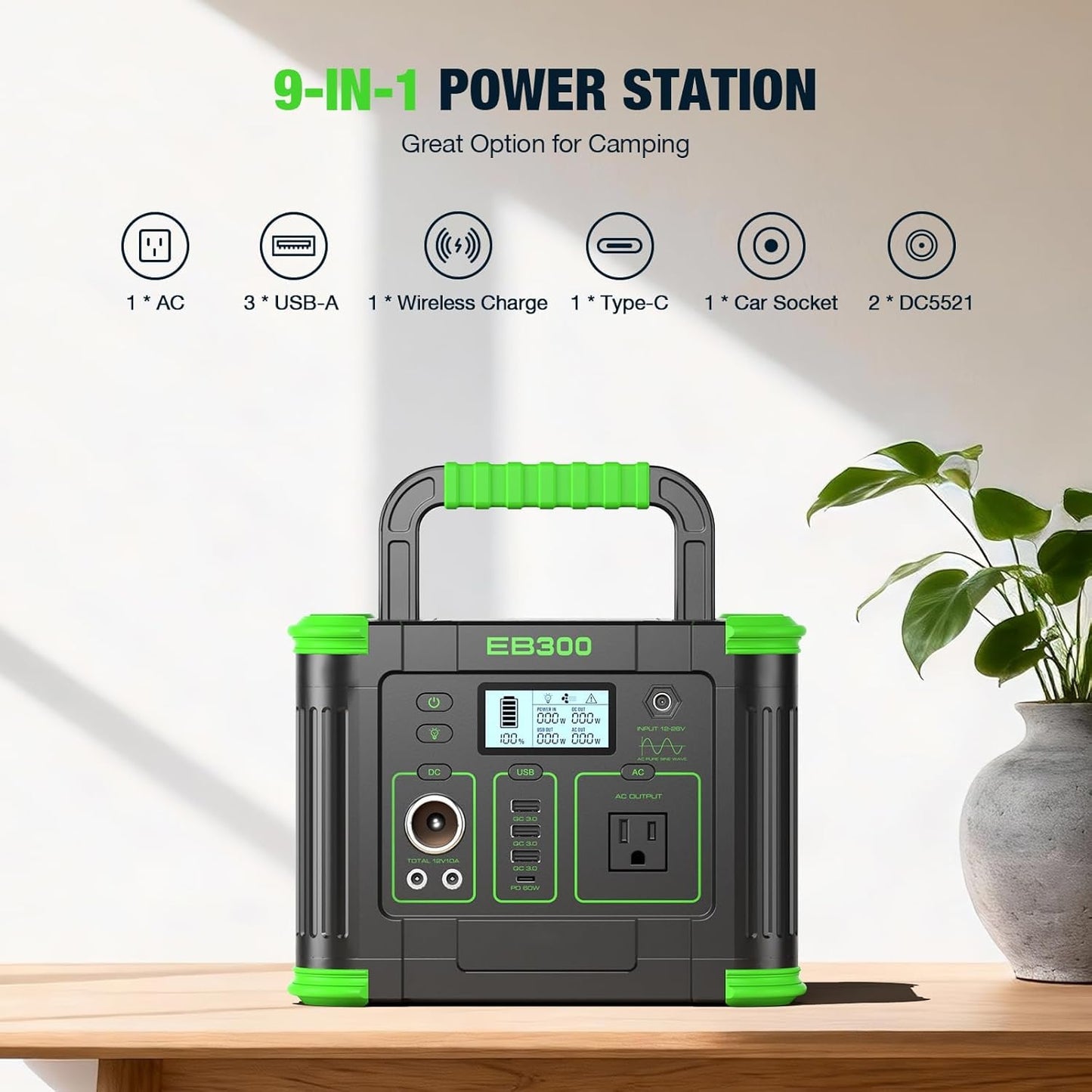 Portable Power Station 330W Solar Generator 288Wh, 60W USB-C PD Fast Charging, Pure Sine Wave AC Outlet, 5W Wireless Charger, LED for RV Camping, CPAP Emergency Backup & Off-Grid Living (Peak 600W)