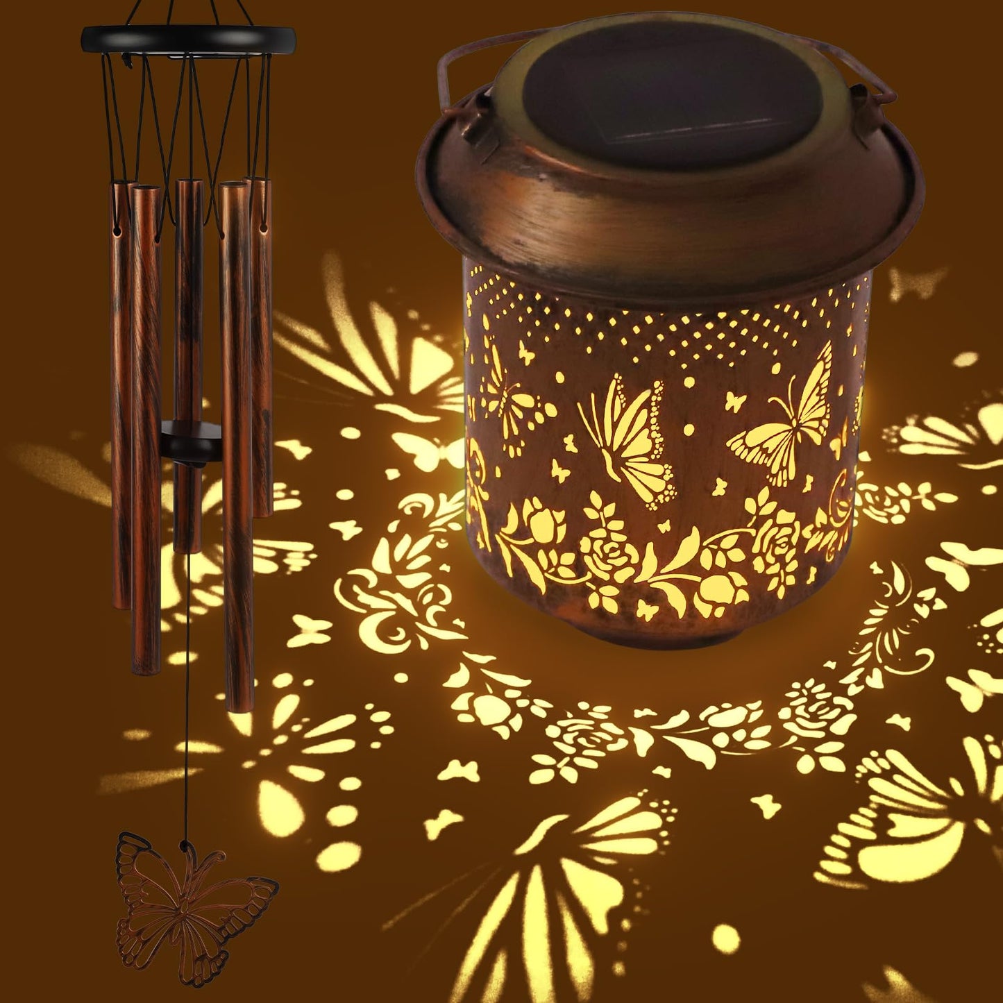 GLDFI Solar Lanterns with Wind Chimes - Garden Decor Set Includes Greeting Card & Gift Wrap Paper, Patio Yard Birthday Gifts for Women, Solar Lanterns Outdoor Waterproof (Butterfly)