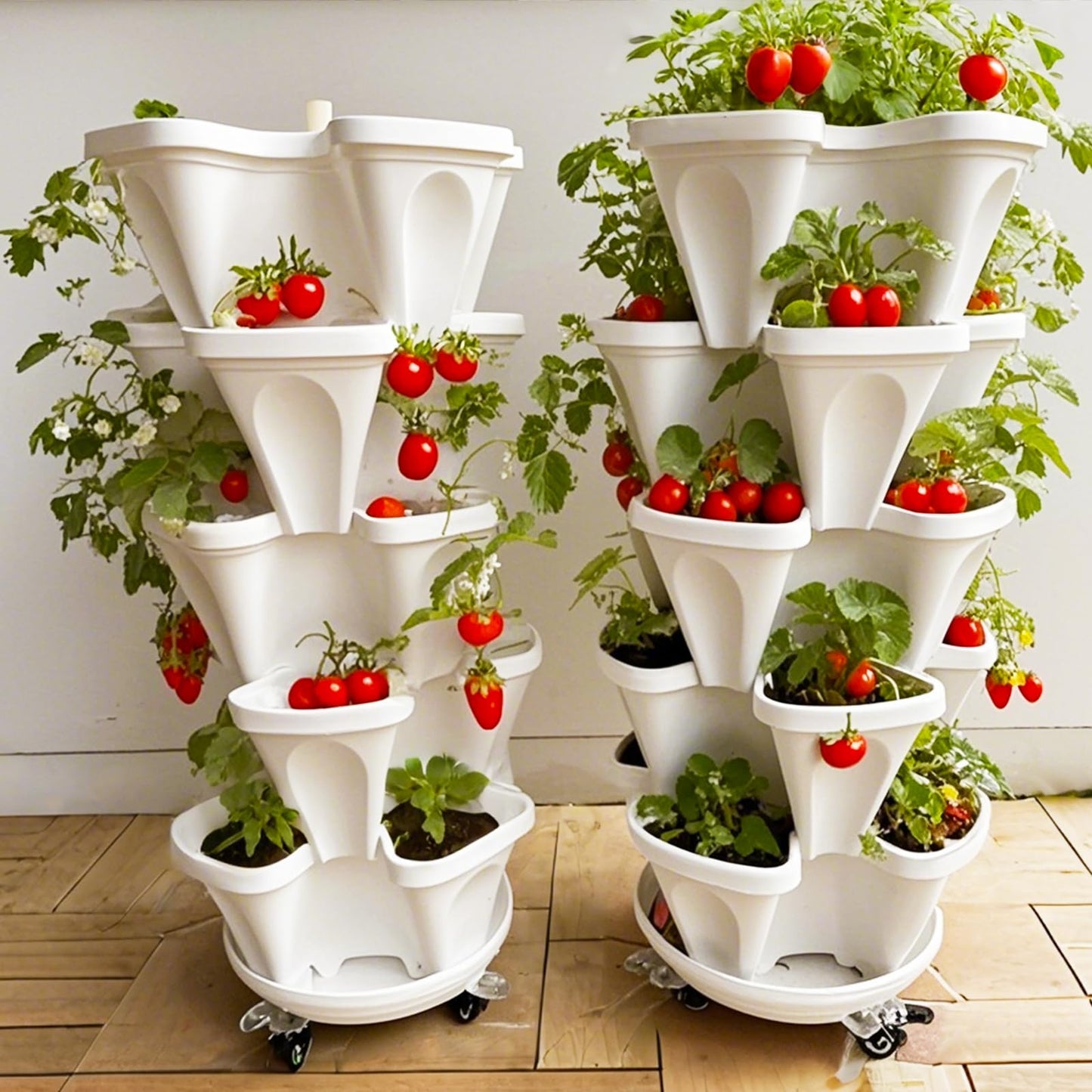 Lykvrii 7 Tiered Strawberry Planters 3 Pack, Vertical Stackable Planter, Herb Stacking Tower Garden, Flower and Vegetable Planters with Support Pole Indoor & Outdoor with Removable Wheels Dark Grey