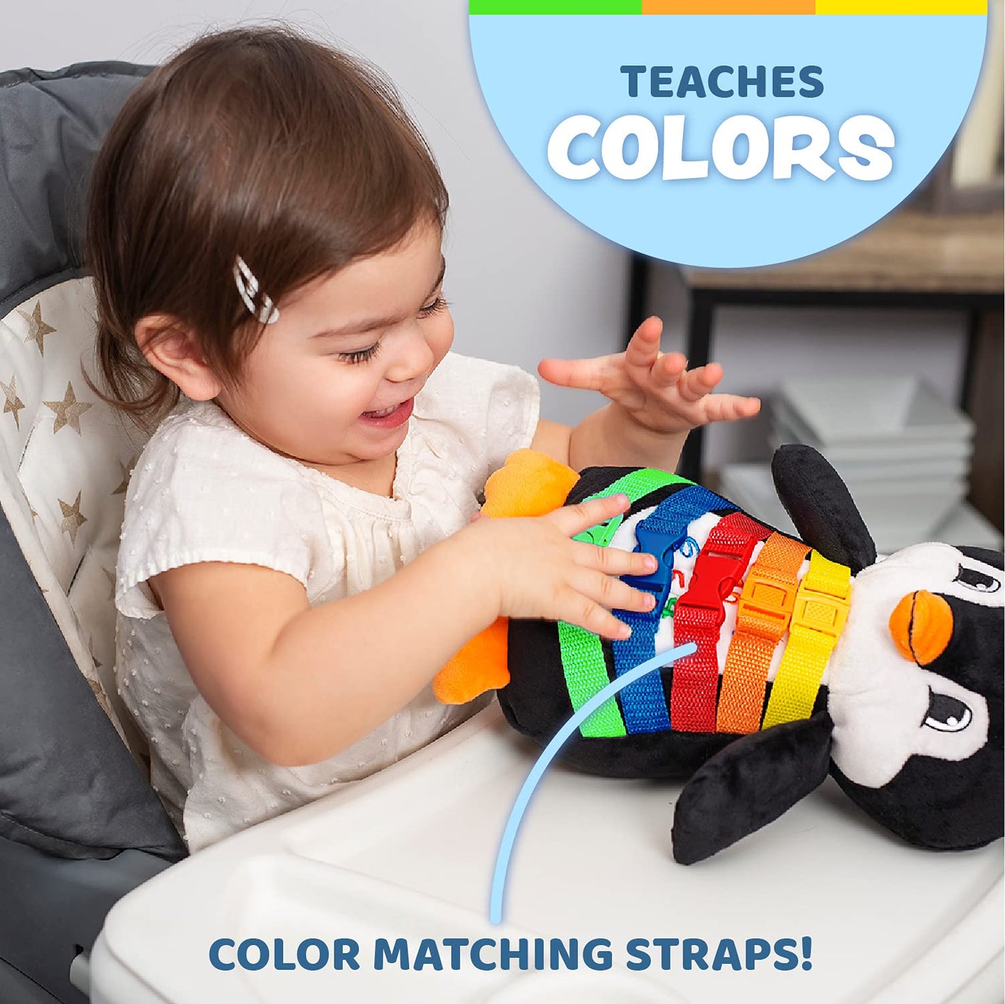 Buckle Toy - Blizzard Penguin Stuffed Animal - Montessori Learning Activity Toy - Develop Motor Skills and Problem Solving - Counting and Color Recognition - Kids Airplane Travel Accessories