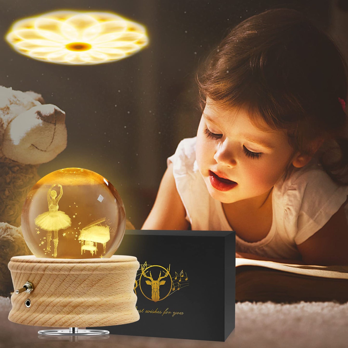Hwawhin 3D Crystal Ball Music Box with Projection LED Light and Rotating Wooden Base for Christmas, Birthday, Valentine's Day - Music Boxes for Women, Mums and Girls