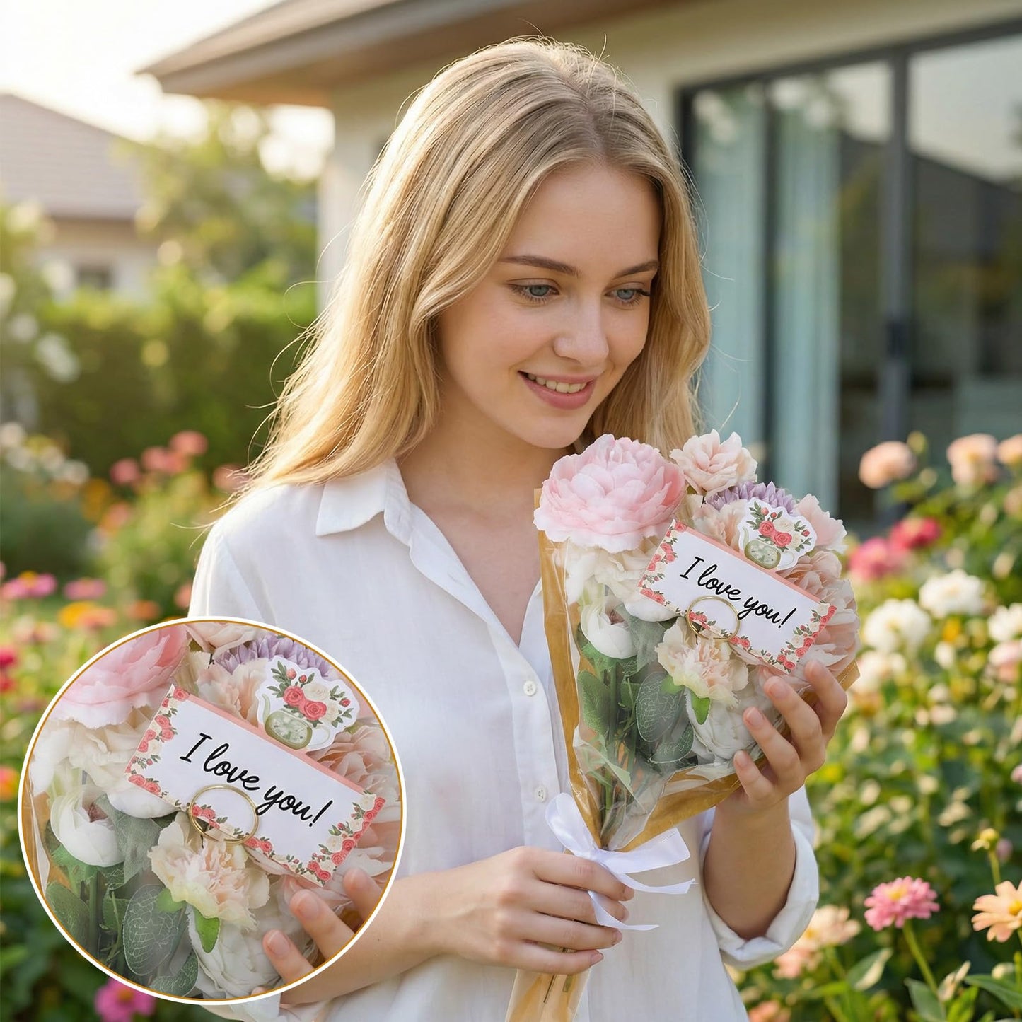 Oqqlin 100 Pcs Flower Bags for Bouquets, 9.4 x 18.1 Inch Flower Packing Paper Sleeves with 50 Floral Card Holders, Ribbons and Scissors Floral Packaging Bags for Florist Wrap Supplies, Graduation