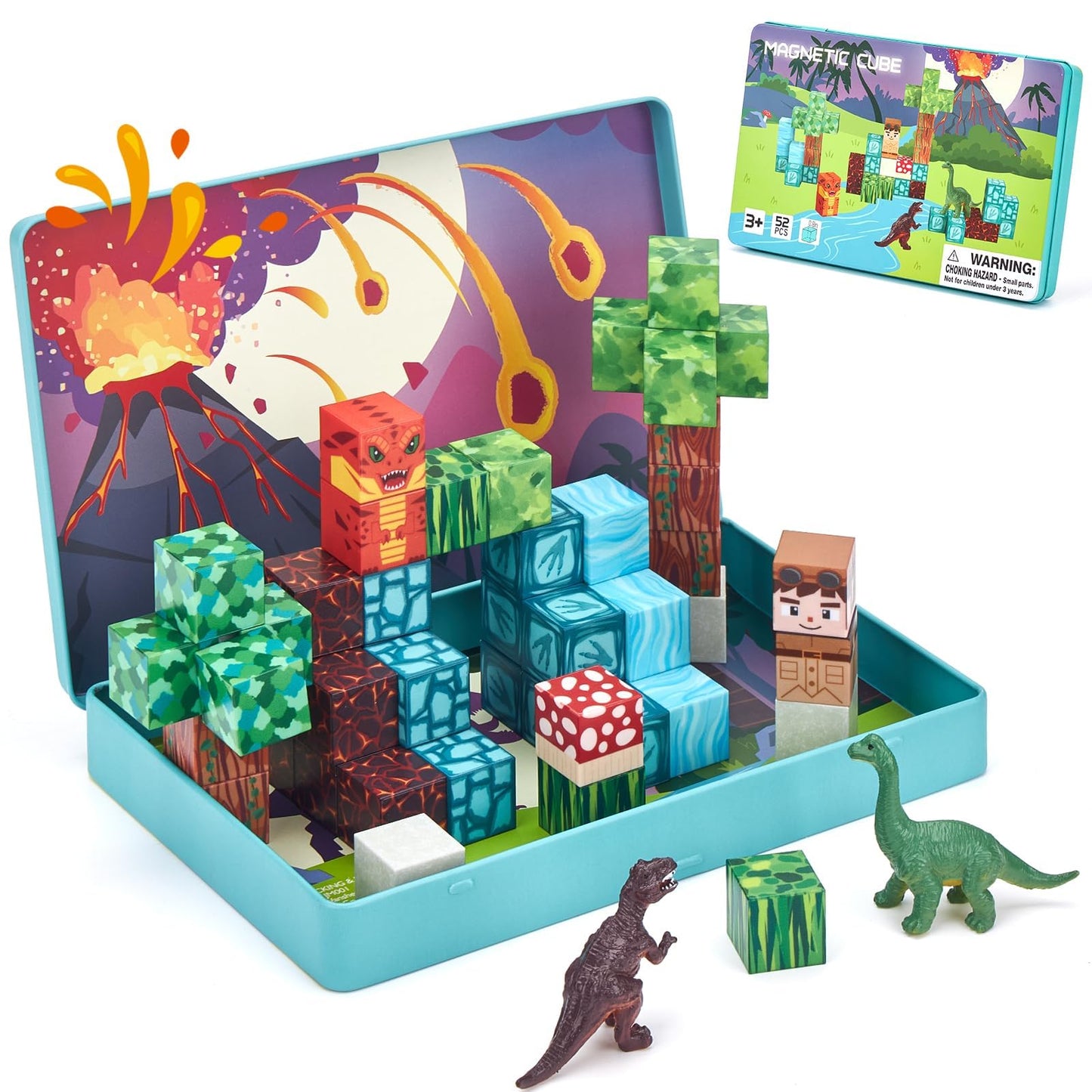 hahaland Mini Magnetic Blocks Travel Set with Magnetic Case - 52 PCS Magnet Building Cubes Dinosaur Toys for Kids 3-5 Toddler Travel Toys Airplane Essentials, Stem Toys 4 Year Old Boys 3 Year Old Gift