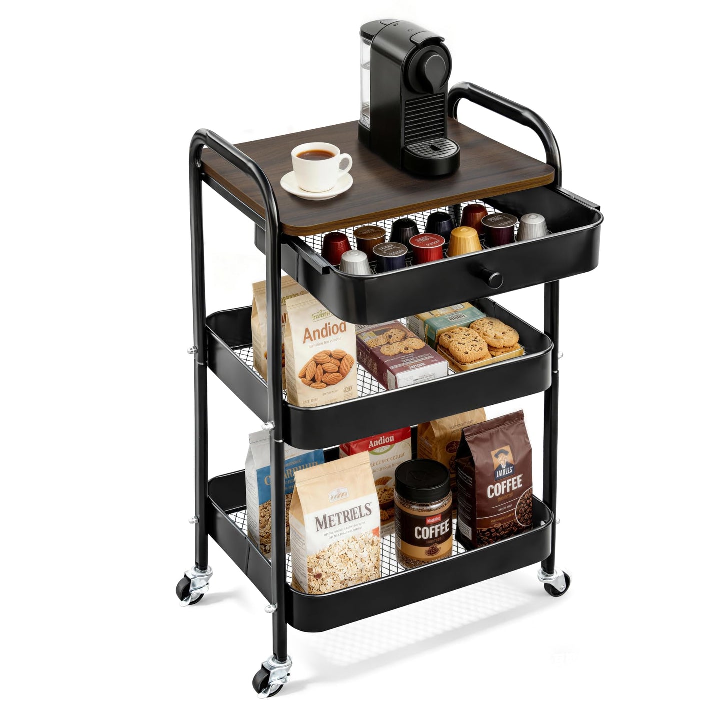 CAMOAT 3-Tier Rolling Storage Cart with Wooden Top and Drawer, Metal Mesh Mobile Utility Cart with Handle and Lockable Wheels, Multipurpose Organizer Trolley for Kitchen, Living Room, Bathroom,Office