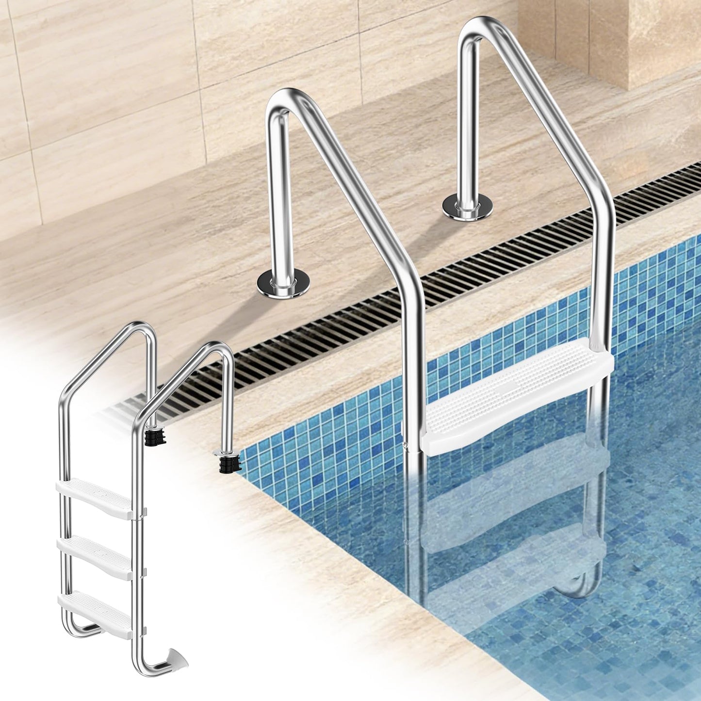 Swimming Pool Ladder for Inground Pools, 3-Step 304 Stainless Steel Pool Stairs with White Non-Slip Step Pads, Rugged & Durable for Indoor/Outdoor Pool, Supports 330 lbs