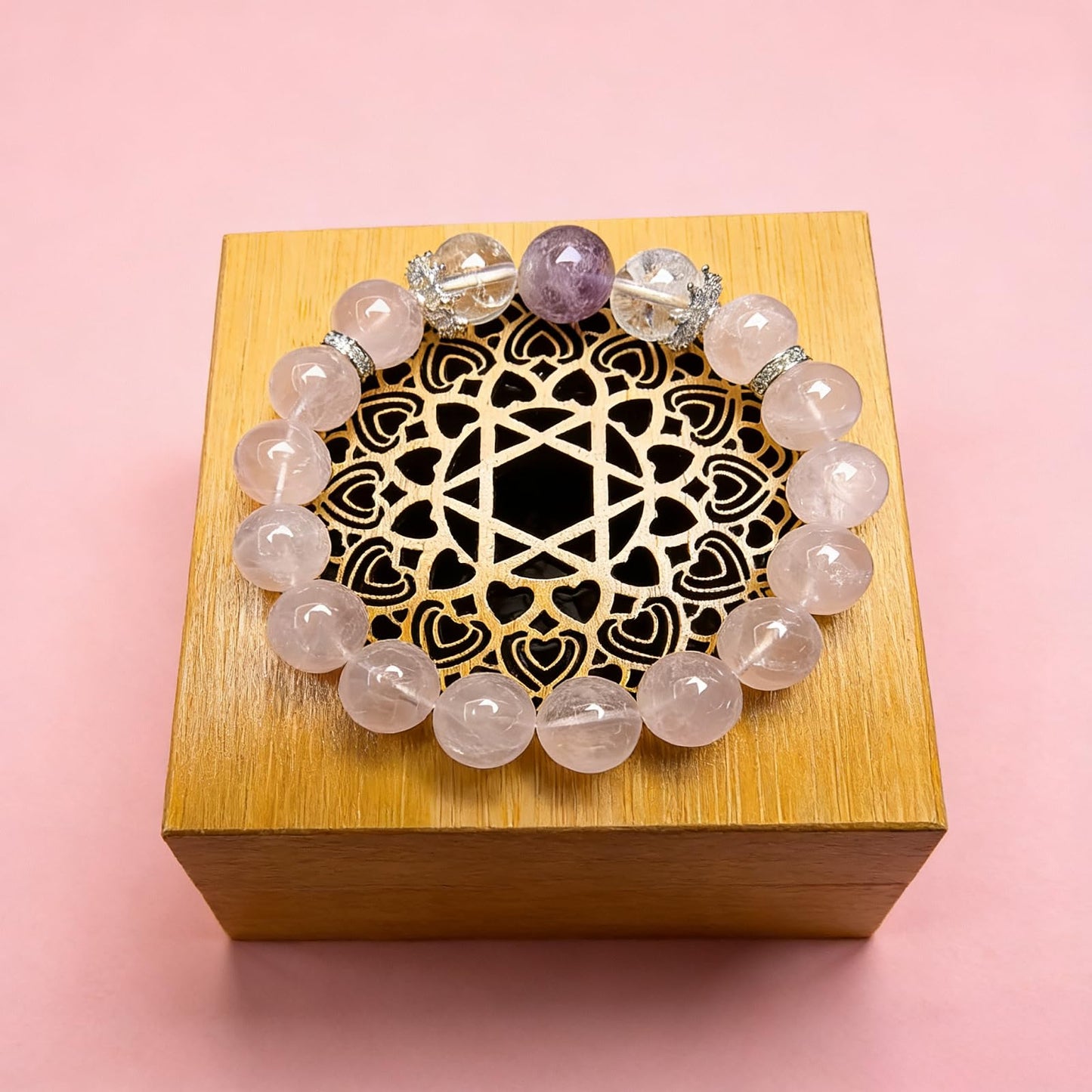 Natural crystal bracelet featuring 13mm beads and decorative charms, handcrafted and one-of-a-kind. This versatile, high-end stretchy bead bracelet for women is perfect for personal wear or as a gift. (Pink, Medium)