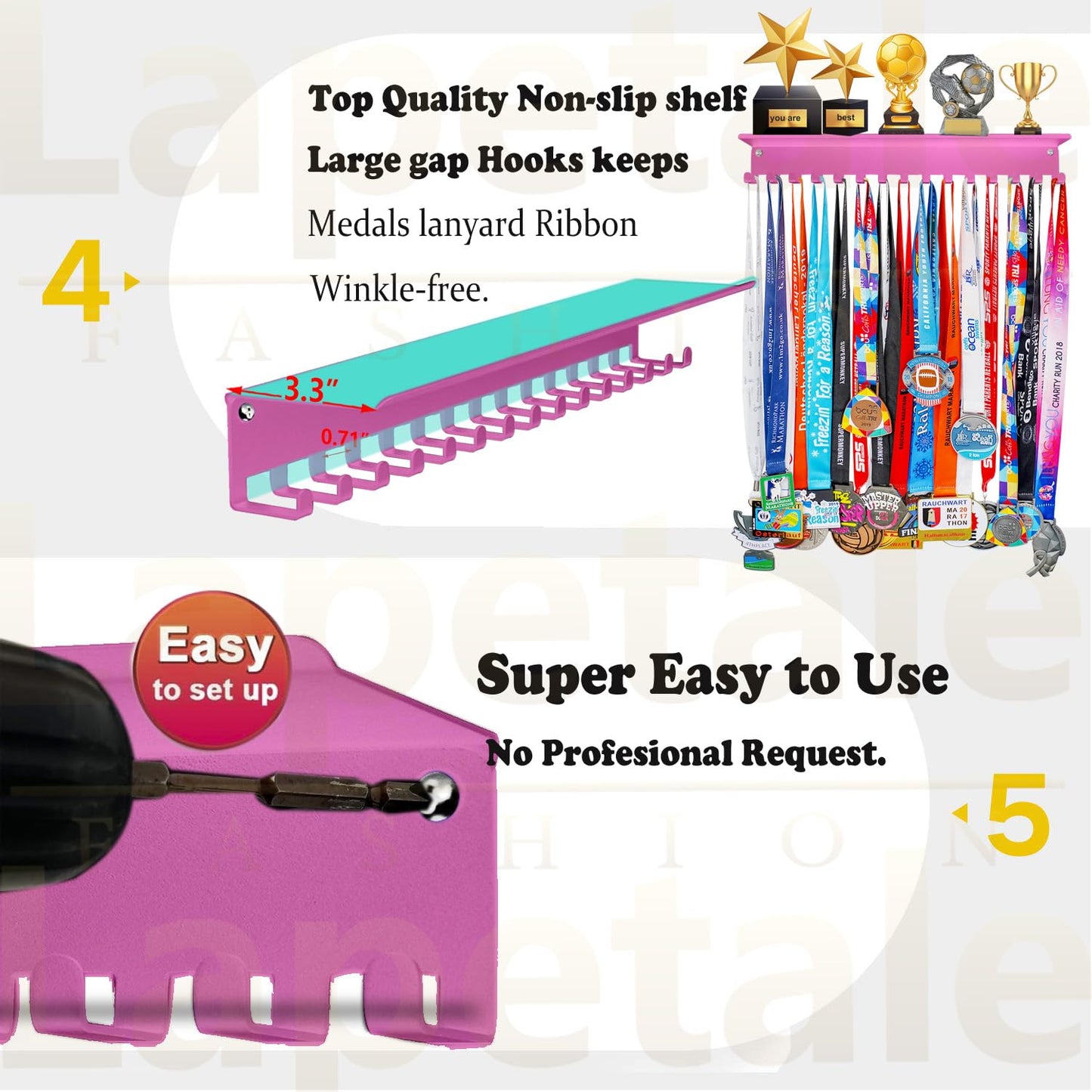 Lapetale Fashion Non-Slip Pink Trophy Shelf - 16 Inch Medal Hanger Display for Wall with Upgraded Shelves for Trophies, Gymnastics, Soccer, Swim
