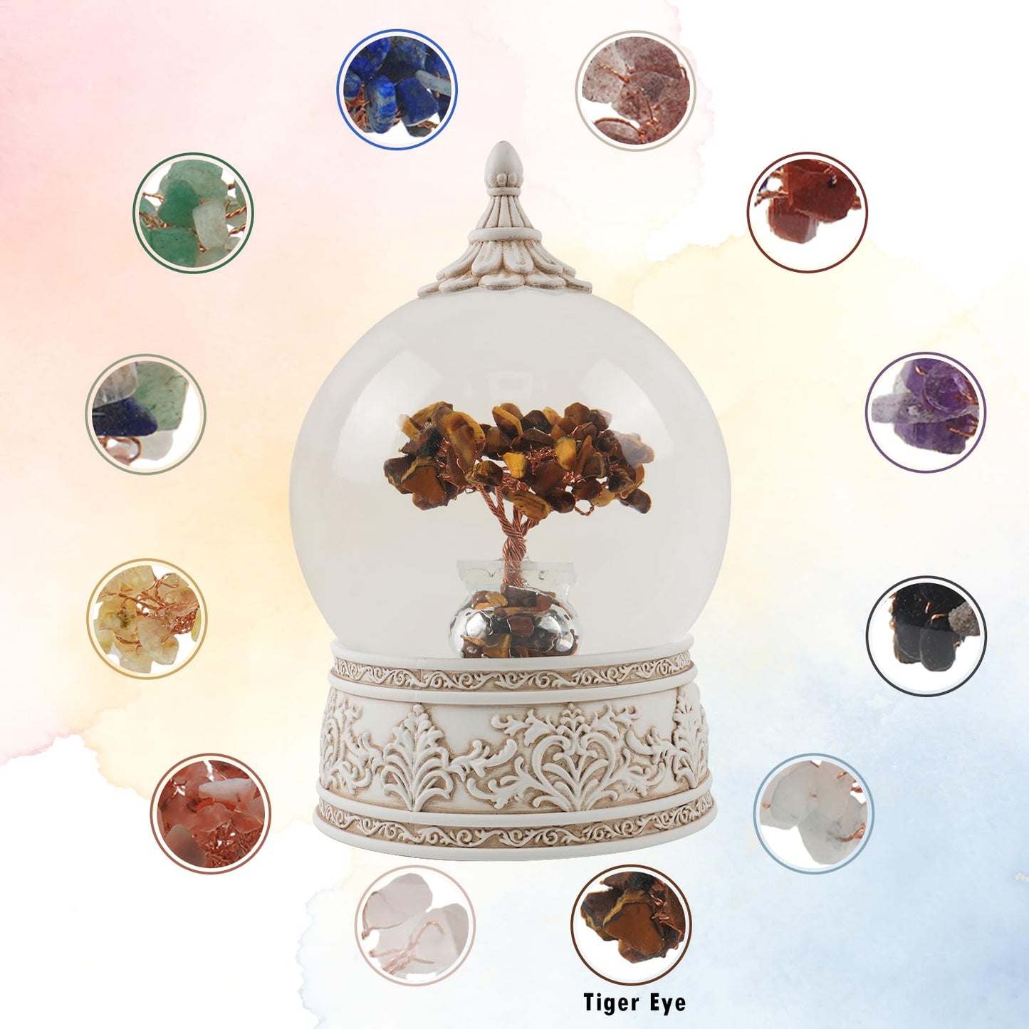 Tiger Eye Healing Crystal Tree Globe with Colorful Lights and Sparkling Glitter, Natural Gemstone Base, Spiritual Meditation, Positive Energy Good Luck, Home Decor, Birthday Gifts (Tiger Eye)