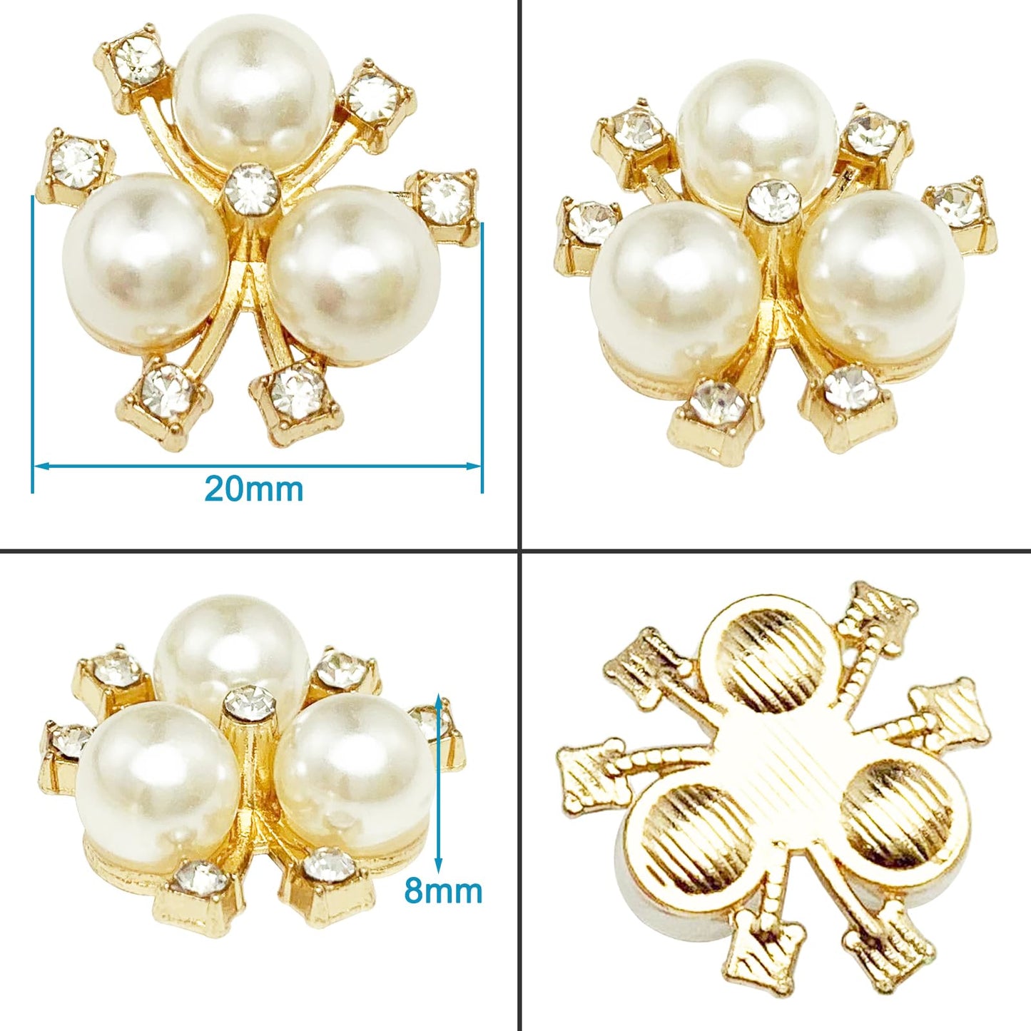 BETITETO 50Pcs Pearl Rhinestone Charms Buttons Embellishments Bulk Flatback for Shoe Decoration Jewelry Making Clothes Brooch Headbands and Wedding Flower Bouquet Crafts DIY (#1 Gold Alloy)