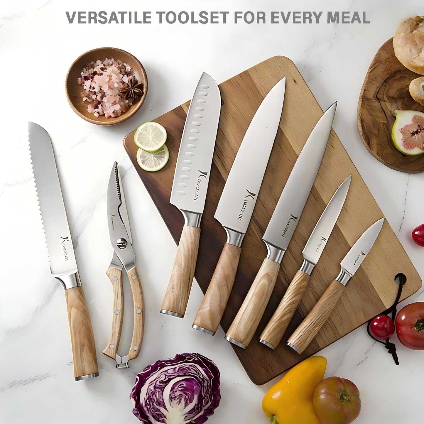 Kangdelun Ultra Sharp 15-Piece Kitchen Knife Set, High Carbon Stainless Steel Blades, Torrefied Natural Wood Handles, Ergonomic Design, Space-Saving White-Finished Wood Block, Easy Hand Wash, Gift Box