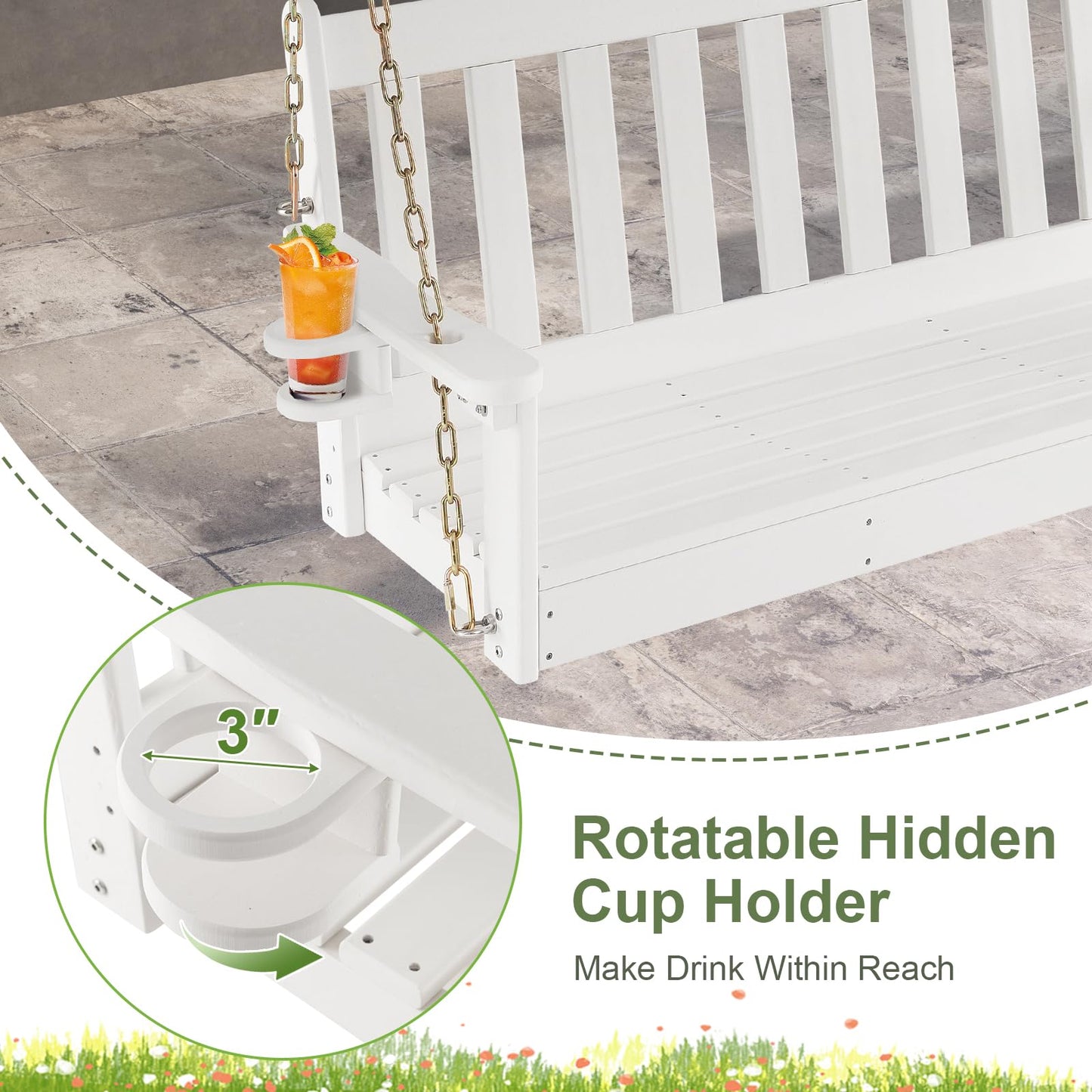 Tangkula 2 Person Hanging Porch Swing, Outdoor Bench Swing with Adjustable Chains, Hidden Cup Holder, HDPE Tree Swing Chair for Patio Backyard Deck Garden, 54 Inch