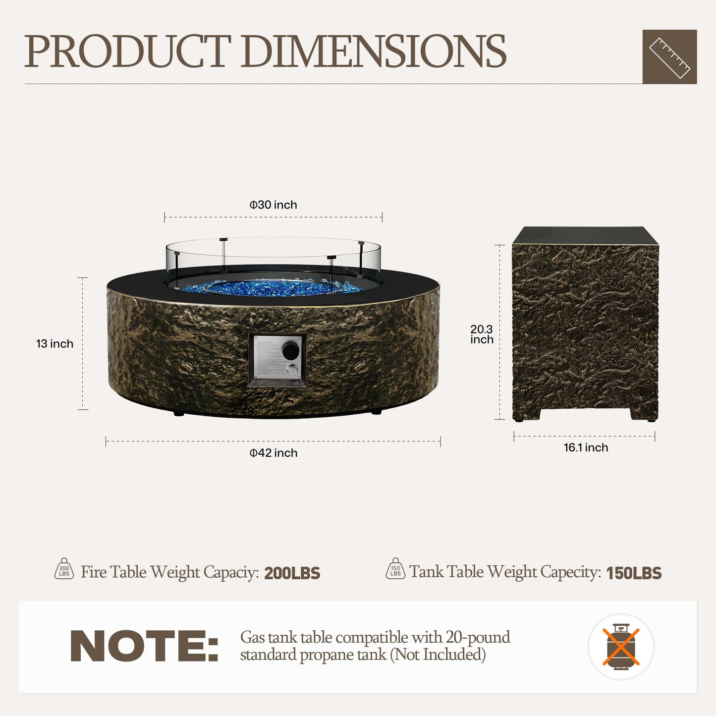 UPHA 42-inch Outdoor Propane Gas Fire Pit Table 50000 BTU Concrete Round FirePit for Outside Patio with Propane Tank Cover, Wind Guard, Blue Glass Rocks, Rain Cover, Bronze