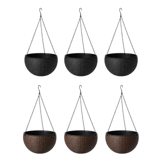 LaLaGreen Bundle- 3 Pack, 11 Black + 3 Pack, 11 Inch Brown Self Watering Hanging Plastic Basket Rattan Style Round Plant Flower Pots with Water Level Indicator Balcony Porch Modern Indoor Garden Decor