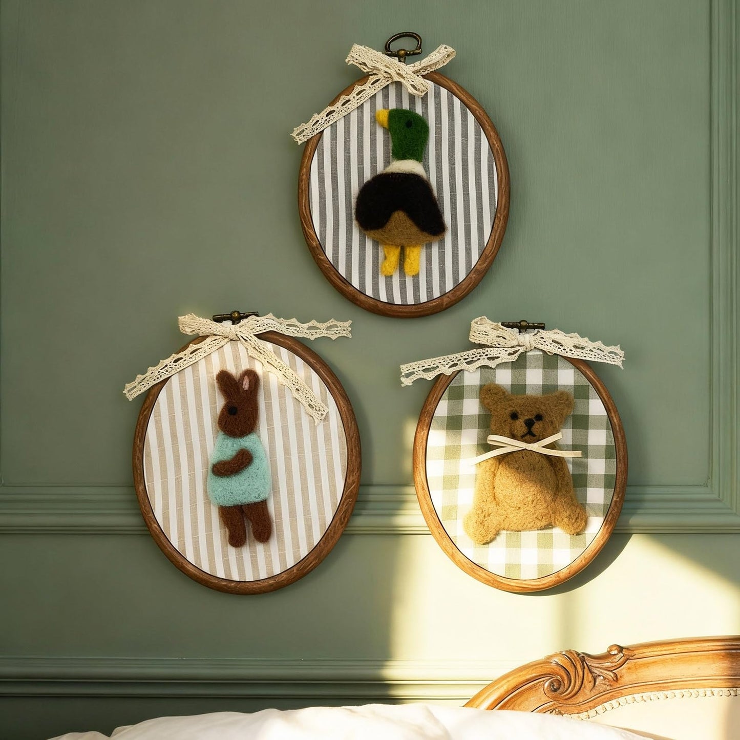 Soulchen 3 Pcs 5 x 6 Inch Felted Nursery Wall Decor with Bear Rabbit Mallard Cute Animal Wall Art Decorative Artwork for Nursery Bathroom Living Room Baby Room Bedroom Farmhouse Decoration