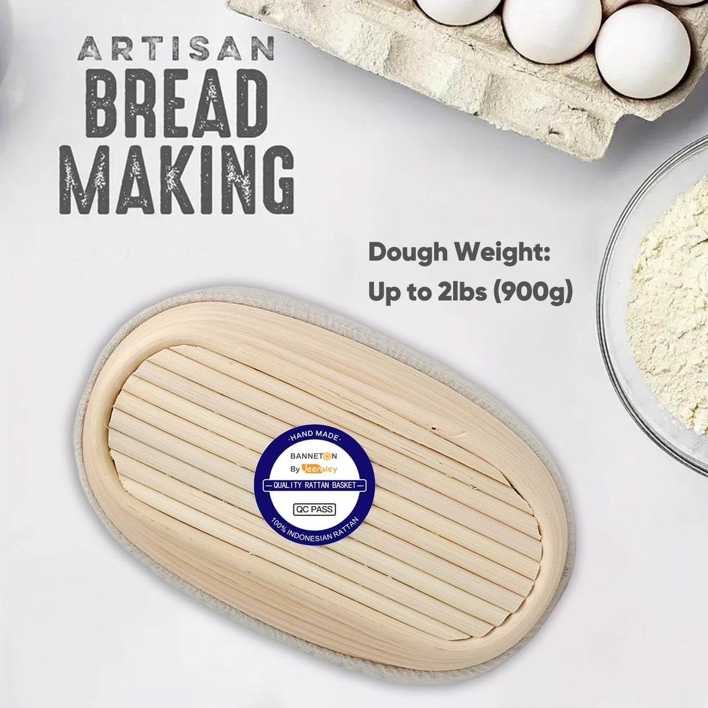 Jeensley Banneton Bread Proofing Basket with Brochure Set of 2, Sourdough Baking Supplies for Rising, Round & Oval Proving Baskets with Liners, Handmade from Quality Natural Indonesian Rattan