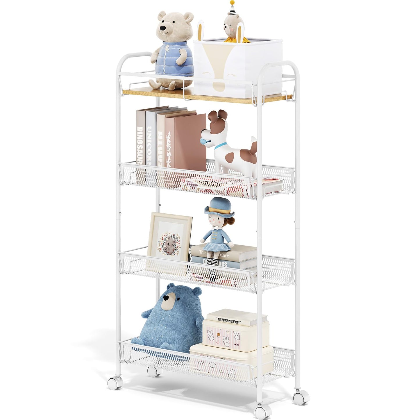 TOOLF 4-Tier Slim Rolling Cart, Metal Utility Cart, Slide Out Storage Cart with Wooden Tabletop and Mesh Baskets for Narrow Space on Kitchen Bathroom Laundry Room Bedroom Apartments Dormitory