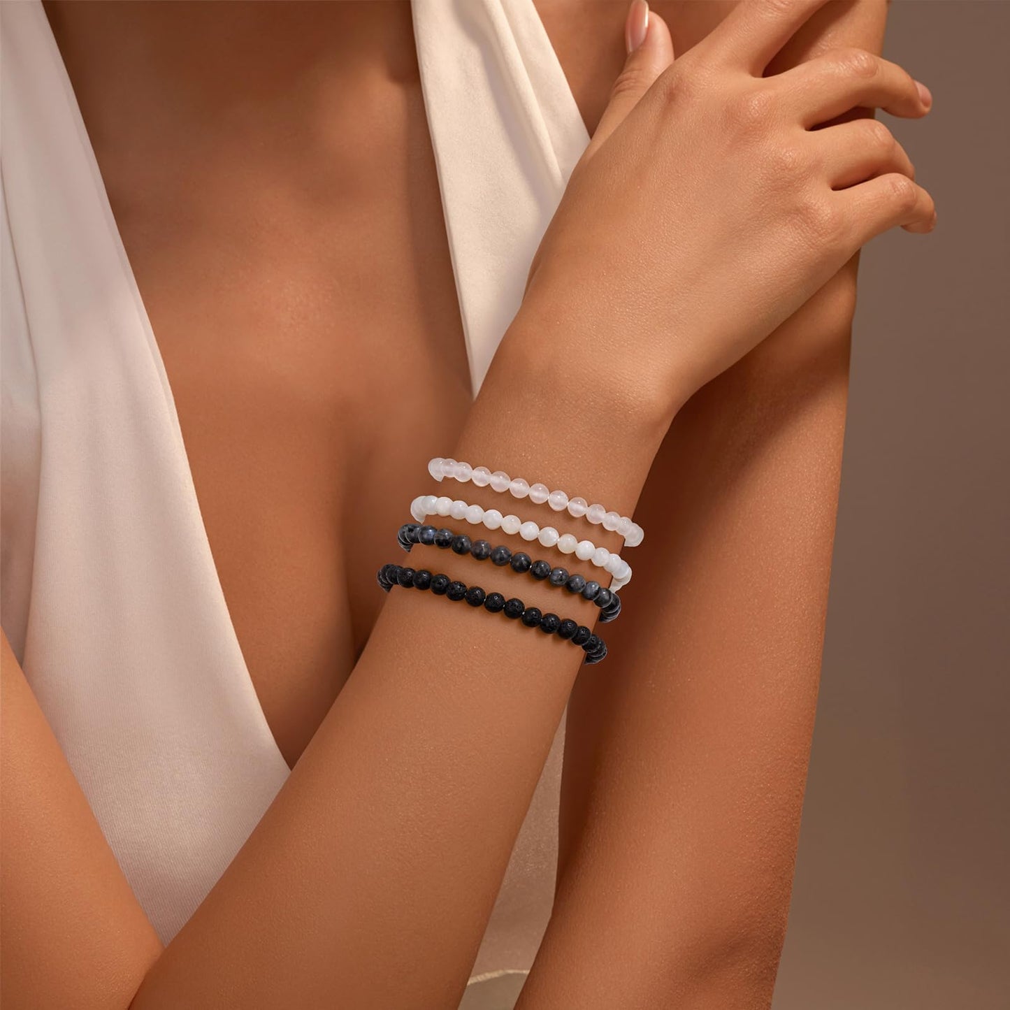 Vinswet Healing Crystal Bracelets for Women Men 4mm Moonstone Natural Stone Beaded Stretch Bracelet Handmade Gemstone Reiki Spiritual Jewelry Gifts