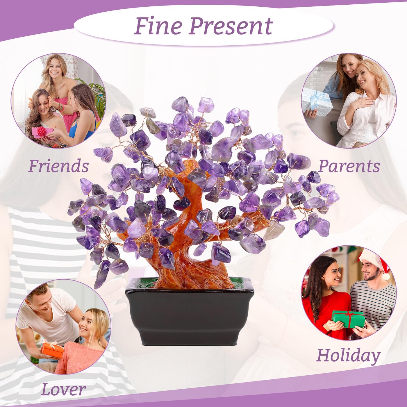 NUKAYAI Natural Amethyst Crystal Purple Money Tree for Office Home Room Desk Decor Meditation Positive Energy Feng Shui Crystals Healing Stones Luck Wealth Bonsai Trees Birthday Gifts for Women
