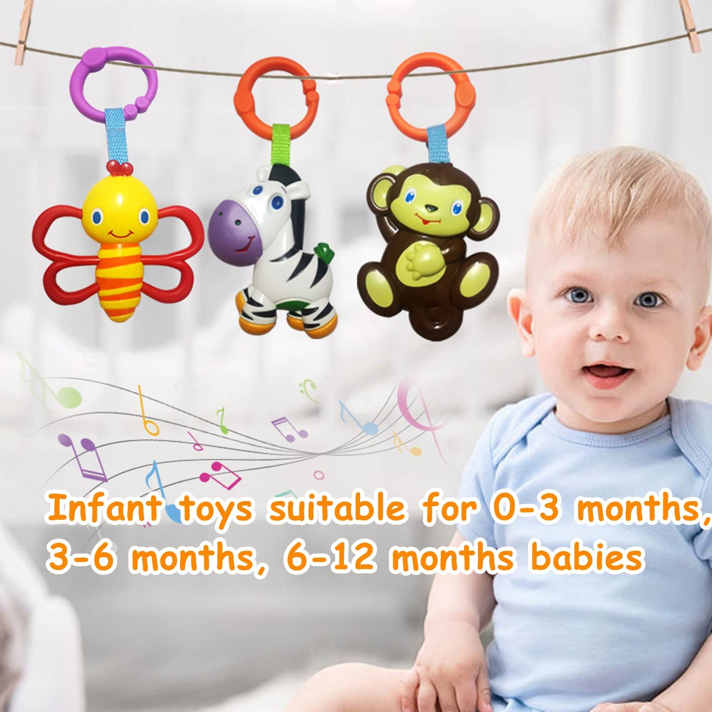 YUNLOVXEE Baby Toys, Cartoon Animal Hanging Rattle Toys, Handbells Baby Rattles, Baby Bed Crib Car Seat Travel Stroller Toys for Infant, Best Birthday Gift for Newborn, 4 Pack
