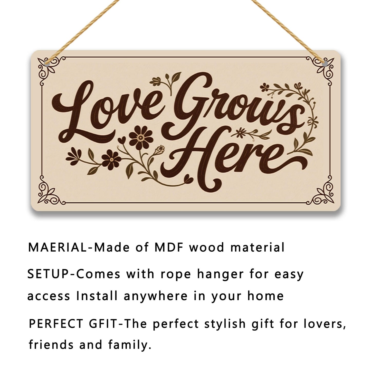 Love Grows Here Wood Sign Gift - Rustic Garden Plaque for Plant Lovers, Mother's Day Gift for Her, Gardener Welcome Sign, Housewarming & Wedding Gift for New Homeowners 12x6 Inch