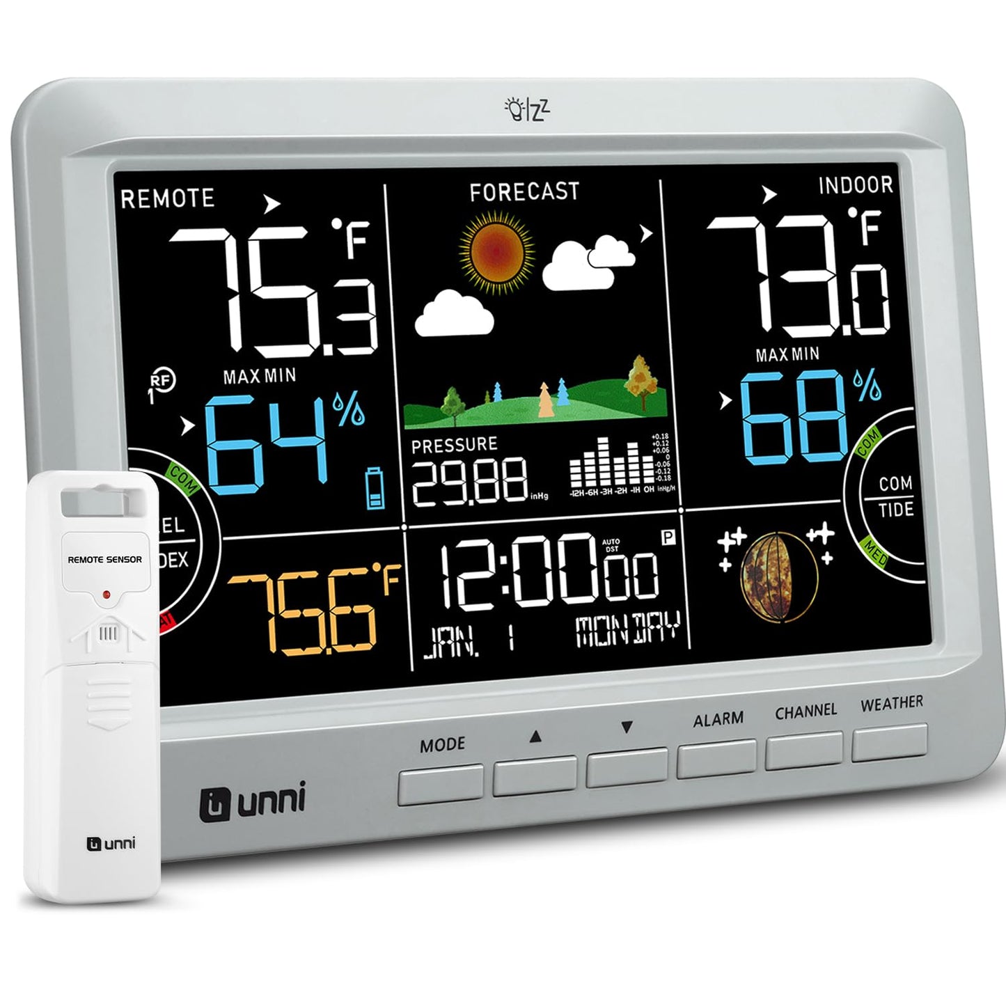 Weather Station Indoor Outdoor Thermometer Wireless, Home Atomic Clock with Large Constant Display, Inside Outside Temperature Humidity Monitor, Dew Heat Point, Barometer Grey