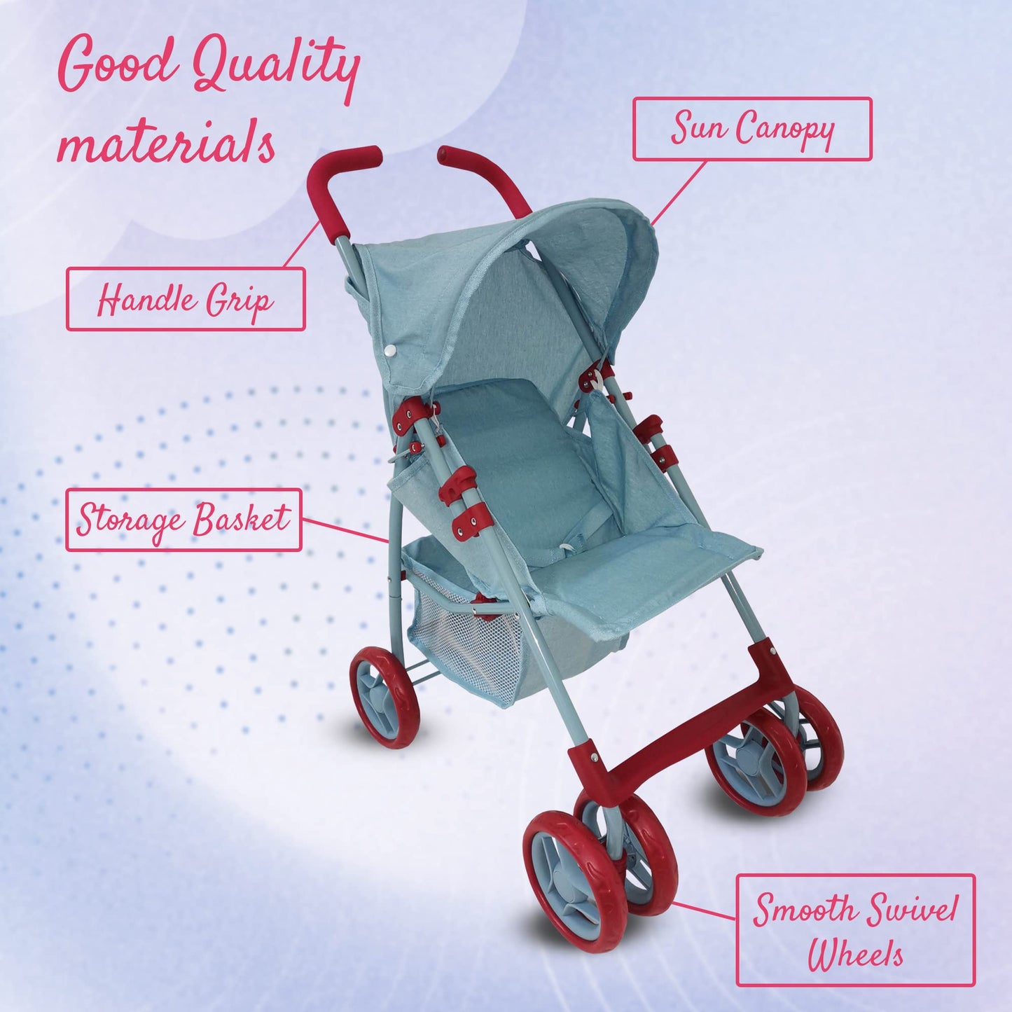 Baby Doll Stroller for Toddler Girls & Big Kids 6-8 Years Old | 28” Baby Stroller for Dolls, Toy Baby Stroller with Cute Ligh Denim Fabric, Mesh Storage Basket, Canopy, Handle Grips, Swivel Wheels