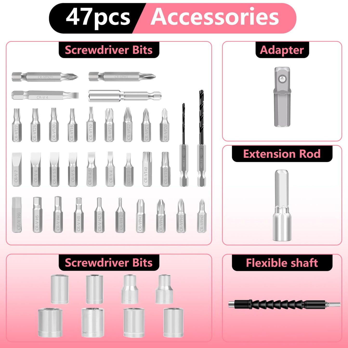 Electric Screwdriver 3.7V Pink USB Small Power Screwdriver Set. Cordless & Rechargeable with Driver Bit Set