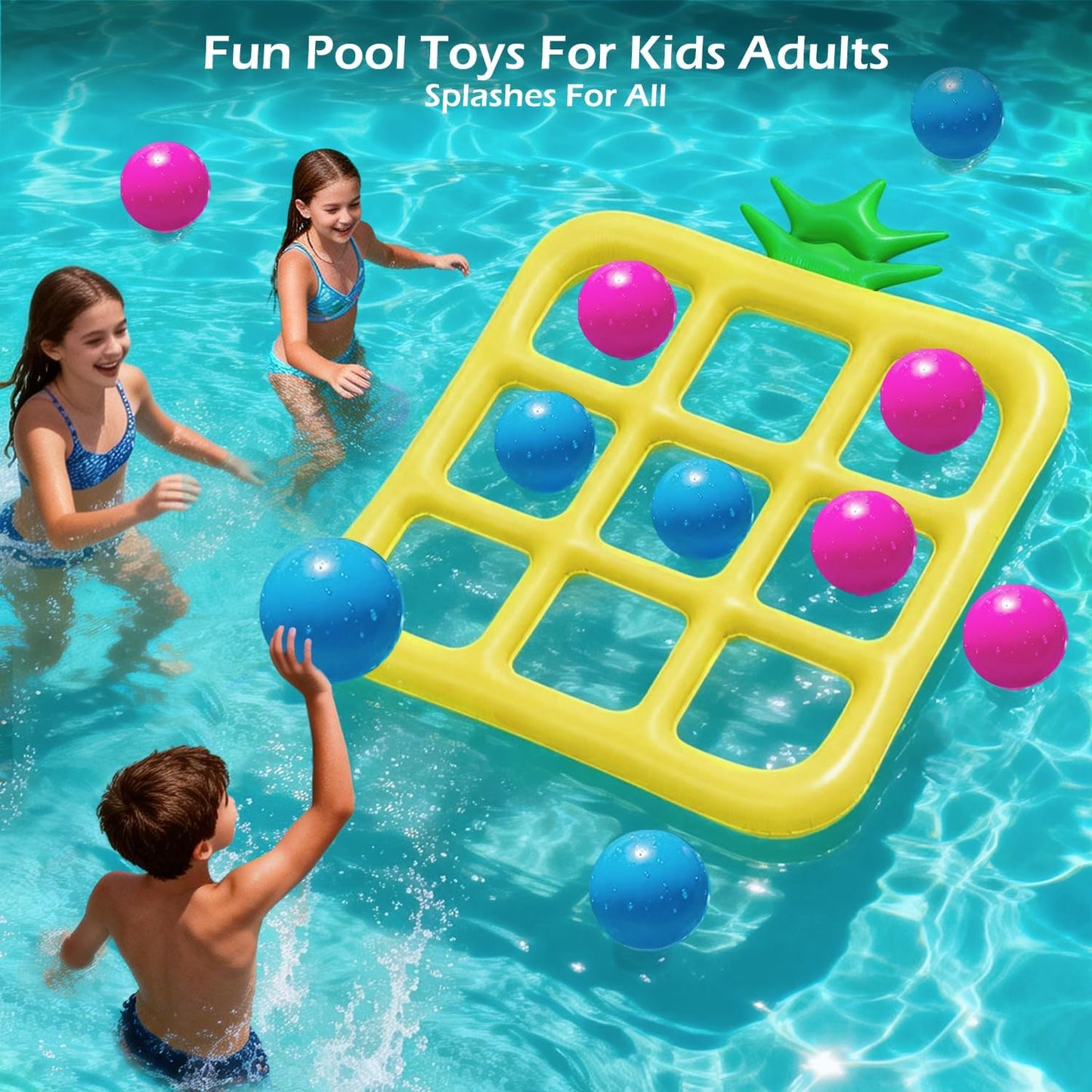 Jasonwell Tic-Tac-Toe Pool Toys Games - Giant Floating Tic Tac Toe Game Float with 10 Balls Pineapple Pool Game Party Toy Floats Yard Field Day Games Outdoor Beach Toys for Adults Teens Kids (Yellow)
