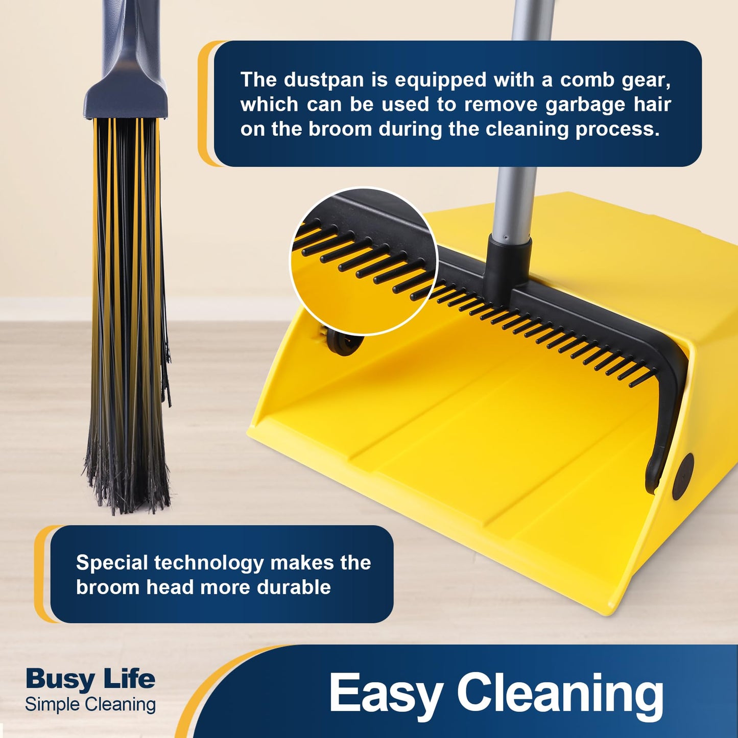 Yocada Commercial Heavy Duty Broom and Dustpan with Comb Set Indoor Outdoor for Courtyard Garage Lobby Mall Market Floor Home Kitchen Room Office Pet Hair Rubbish