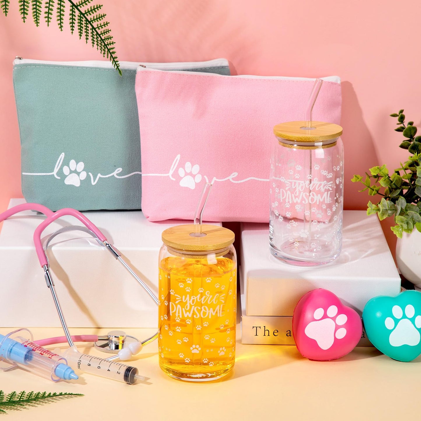 Sliner 2 Sets Veterinary Receptionist Week Gift for Women Inspirational 16 oz Glass Cups with Lid Makeup Bag with Stress Toy Vet Tech Assistant Dog Lover Cat Groomer Gifts Must Haves (Fresh Color)