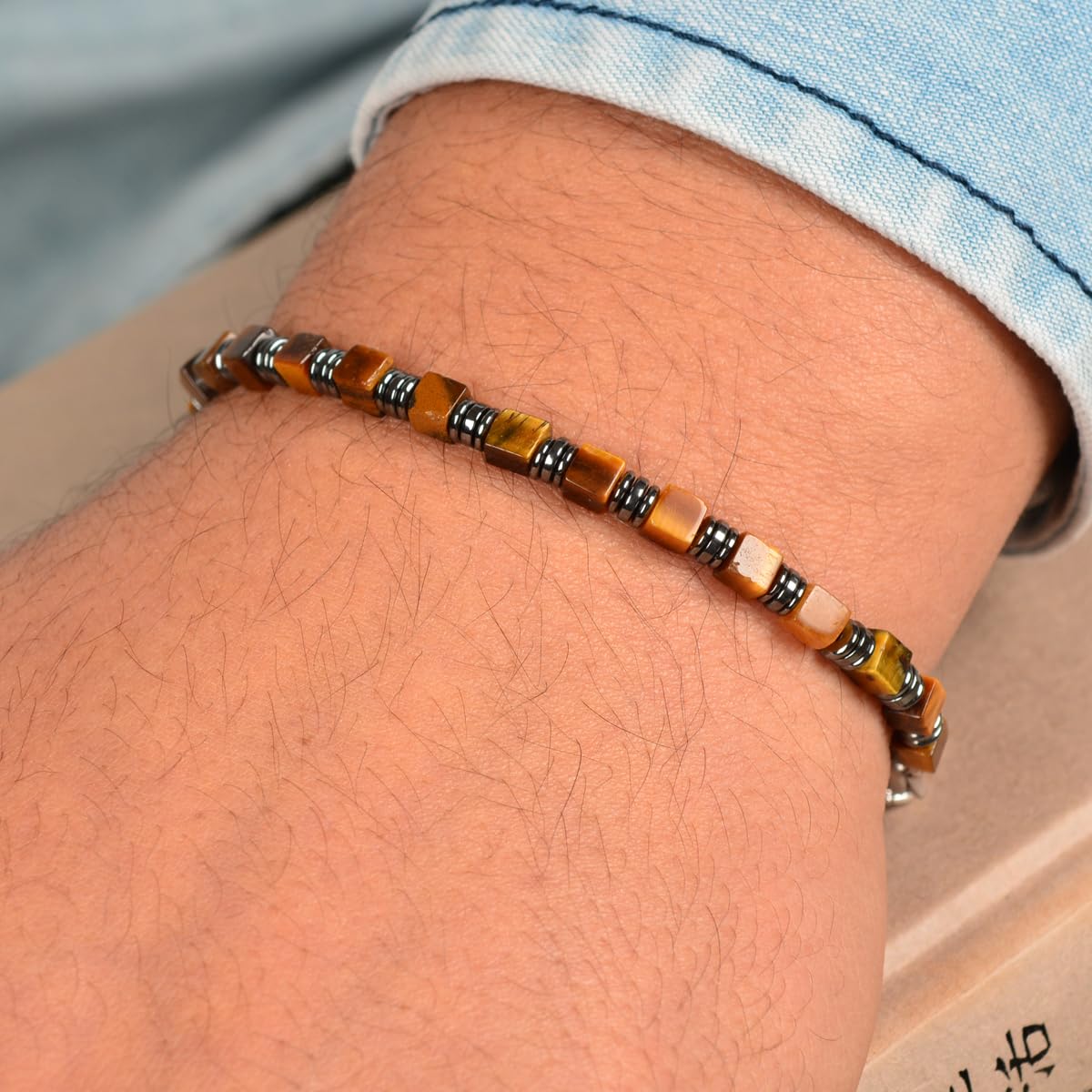 Casvia Tiger's Eye Hematite Beaded Bracelet for Men, Square Stone Adjustable Stainless Steel Chain, Handmade Stylish Jewelry Gift for Dad, Husband, Son & Friend