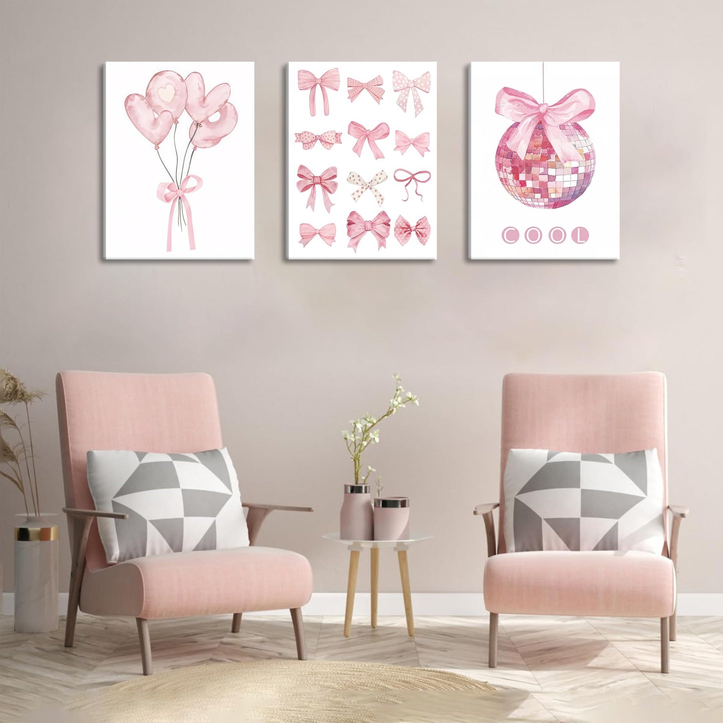 Preppy Pink Bow Canvas Wall Art, Trendy Bows Coquette Room Wall Decor Paintings, Pink Girly Disco Aesthetic Posters Prints Pictures for Girls Dorm Bedroom 16x24 Inch Framed