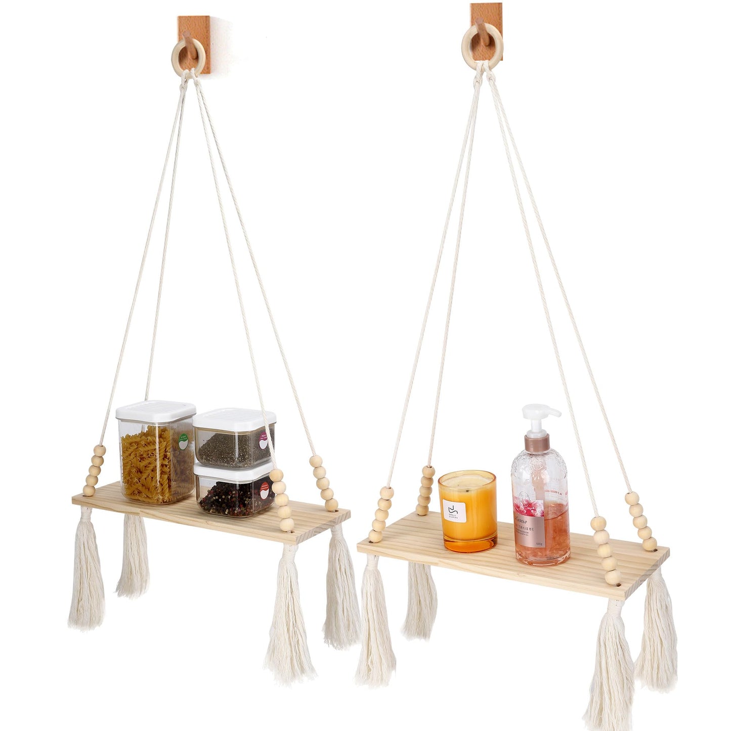Chissen Bohe 2 Pack Wooden Wall Hanging Shelves, Macrame Plant Wall Shelf with Tassel, Storage Floating Shelves for Books Photos,Wall Shelves for Living Room,Bedroom, Handmade Stand Holder Home Decor
