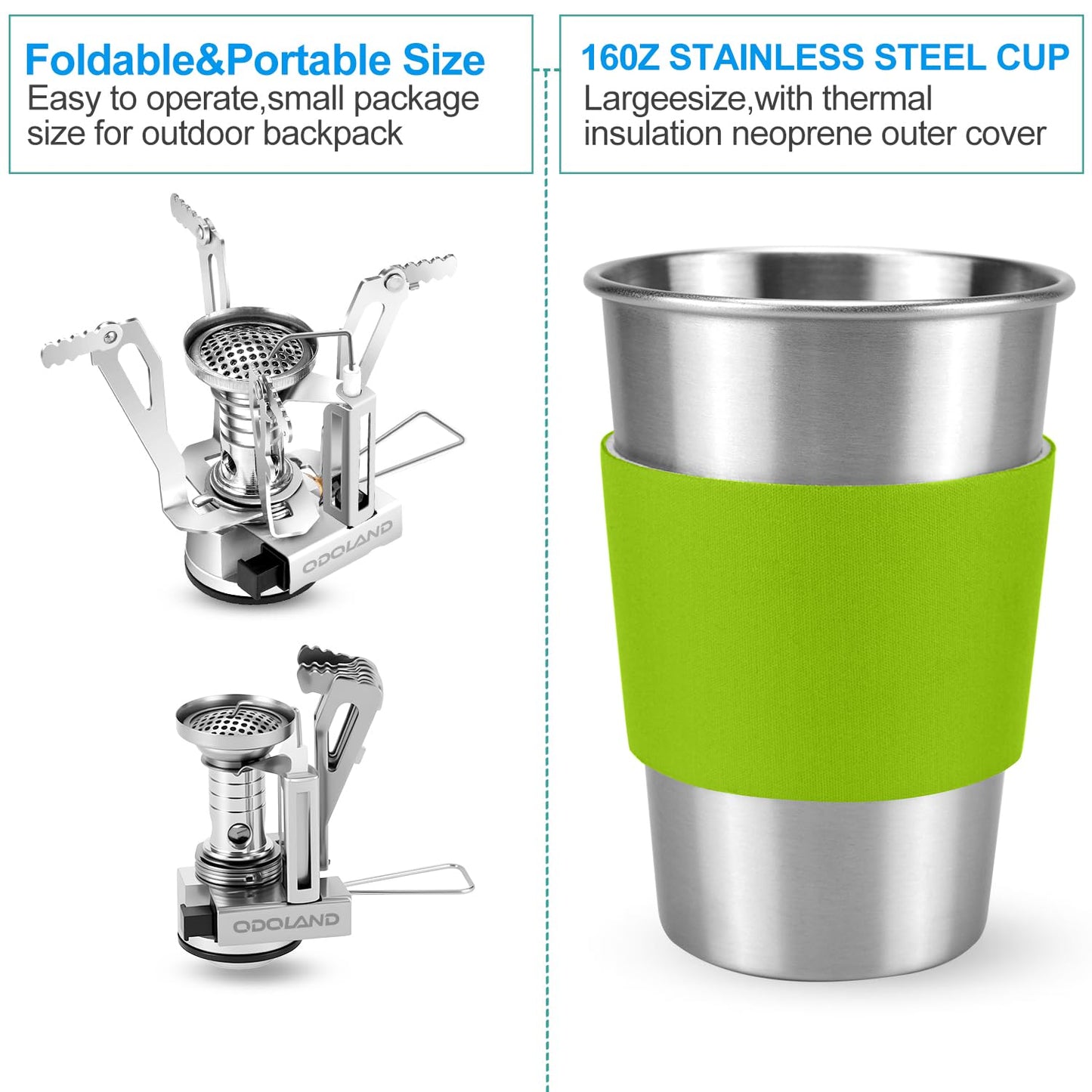 Odoland Camping Cookware Stove Carabiner Canister Stand Tripod and Stainless Steel Cup, Tank Bracket, Fork Spoon Kit for Backpacking, Outdoor Camping Hiking and Picnic,Green