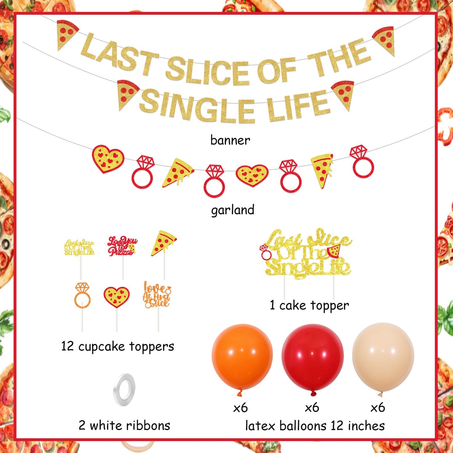 Pizza Bridal Shower Decorations Golden Glitter Last Slice of The Single Life Banner Cake Topper Italian Themed Garland Cupcake Toppers Latex Balloons Kit for Bridal Shower Bachelorette Party Supplies