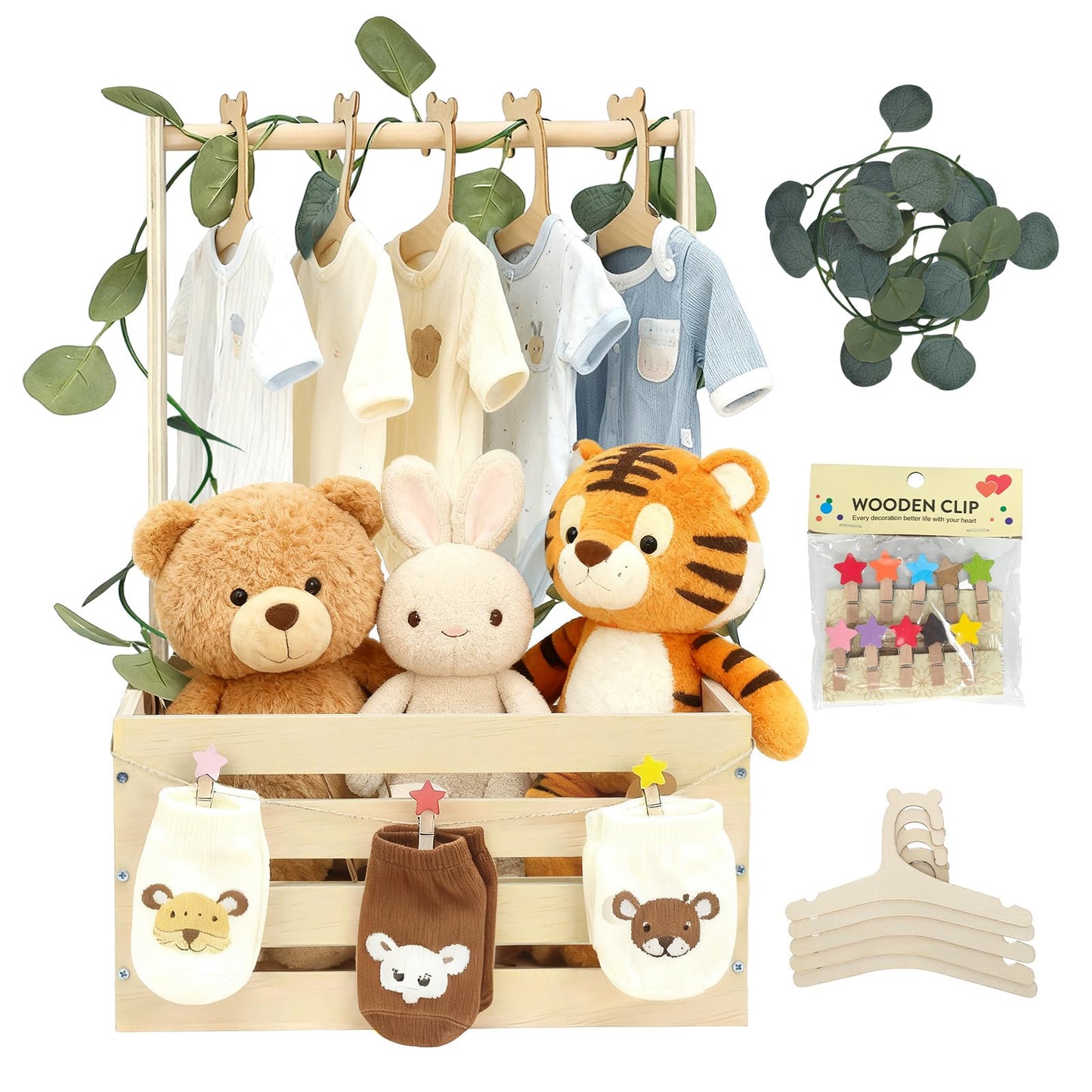 Simabsie Wooden Baby Shower Crate Closet with Hangers, Moon Stars - Personalized Newborn Basket Gifts for Expecting Parents