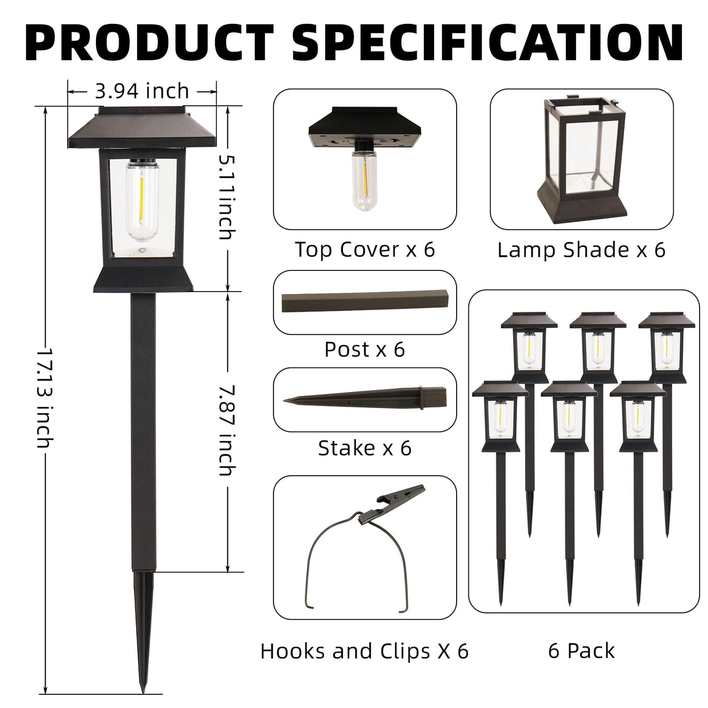 6 Pack Solar Pathway Lights Outdoor Waterproof, Dual-Use Stake & Hanging Lantern, 17 Inch ABS Warm White 3000K, 1000mAh Ni-MH Battery & Monocrystalline Panel, Auto On/Off for Garden Yard Patio Walkway