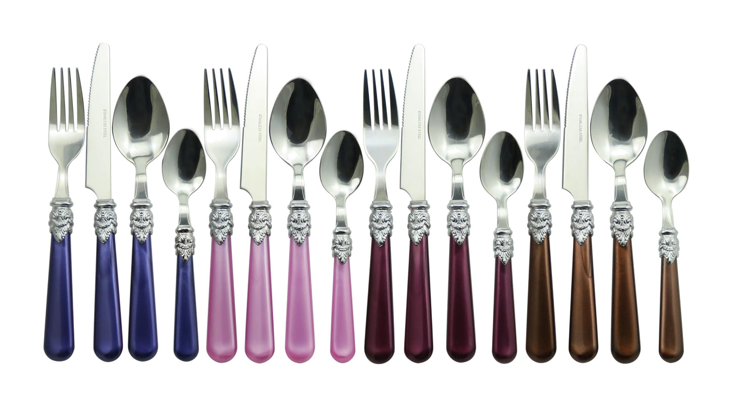 The Original Brink House Gala Mix & Match Stainless Steel Cutlery Set with High-Sheen Baroque Handles / 16 pieces with Metal Stand, Lifestyle utensils set for home, first apartment, dorm, dinner party