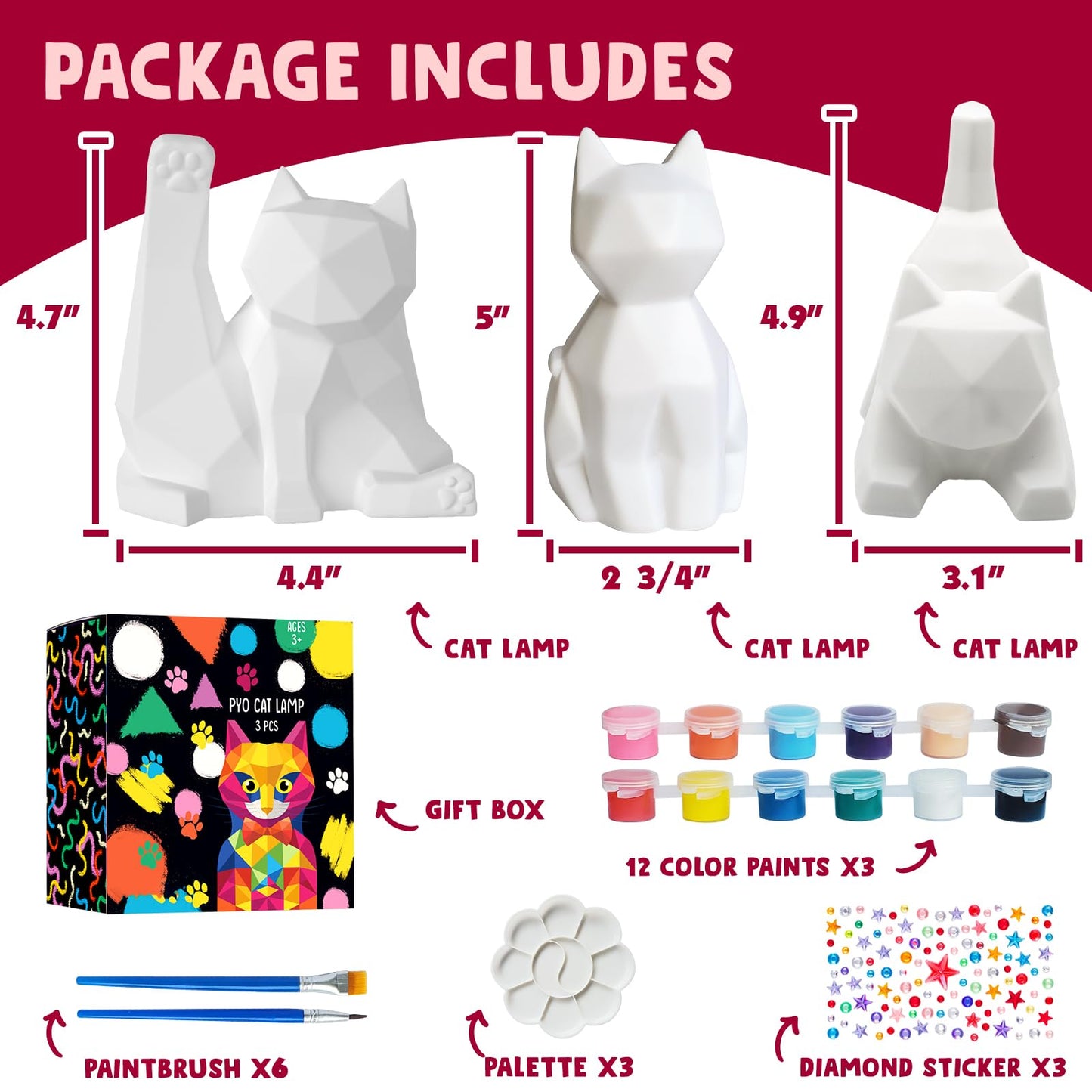 Goody King Paint Your Own Cat Lamp Art Kit, 3PCS DIY Night Light, Arts & Crafts for Kids Ages 8-12, Painting Kit for Girls Boys Age 4 5 6 7 8+, Art Supplies Cat Craft Birthday Gifts for Kids Ages 3+