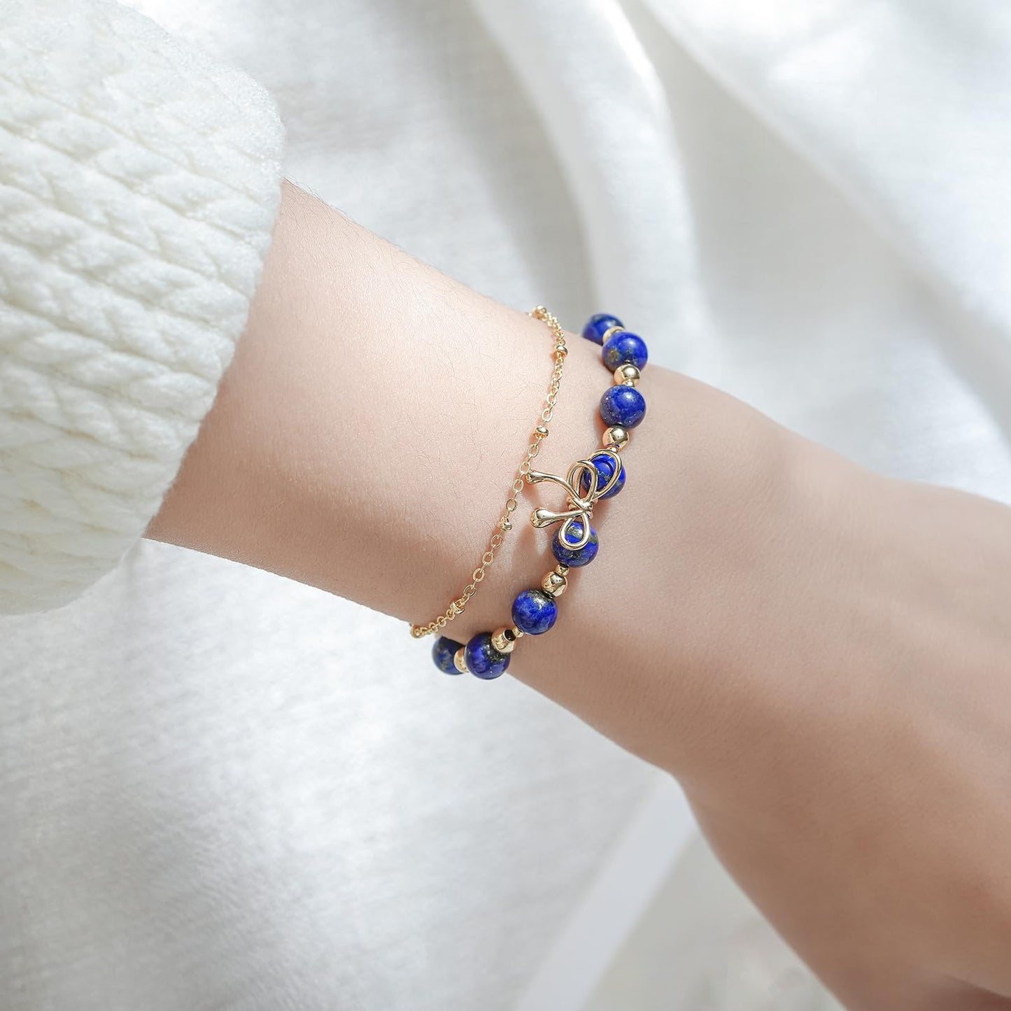 NeoHundreds Luxury Handmade Lapis Lazuli Bracelet Natural Crystal Gemstone 14K Gold-Plated Chain With Bow,Elegant Unique Jewelry Gift Ready for Woman Her Girlfriend Daughter Mother Day