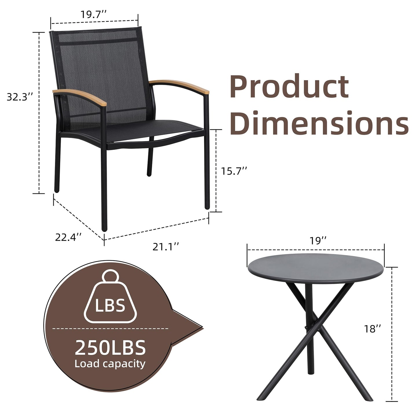Shintenchi 3 Pieces Patio Bistro Sets, Outdoor Textilene Fabric Conversation Bistro Set, Textilene Fabric Front Porch Chairs Small Patio Furniture Set with Table for Lawn,Garden,Balcony (Black)