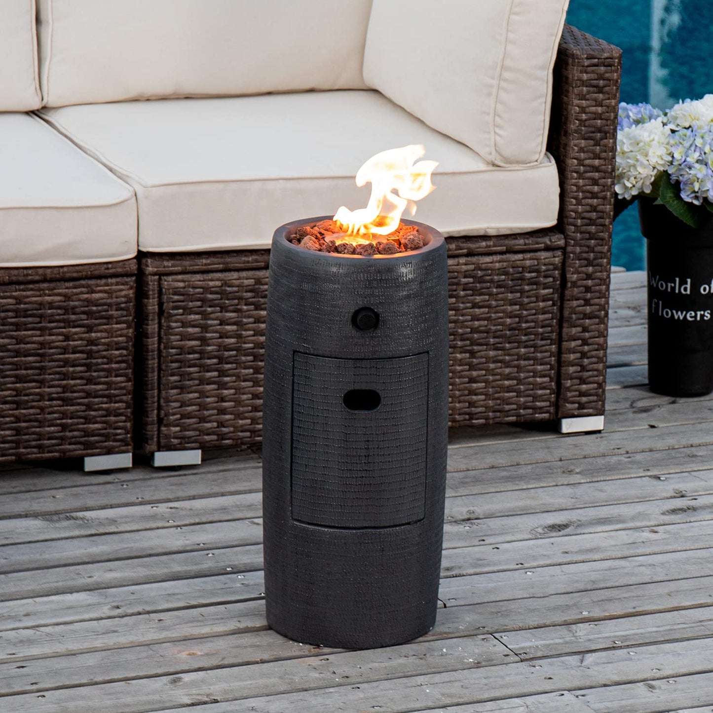 COSIEST Outdoor Propane Fire Pit Table w Compact Ledgestone 11-inch Round Graphite Base, Certified, 40,000 BTU, Free Lava Rocks, Touch-up Pen, Fits 20lb (Black)