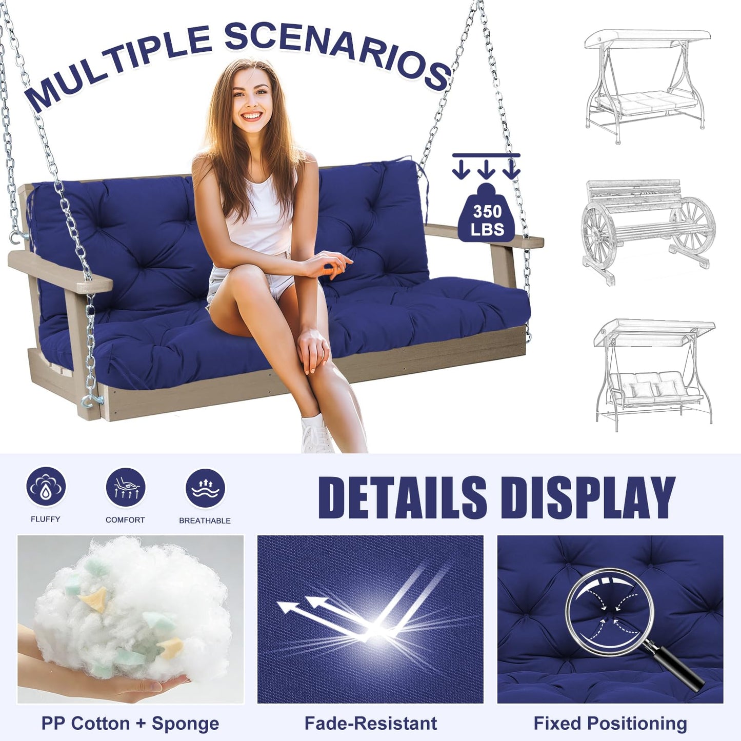 MQSXBF Porch Swing Cushions Outdoor 60 inch x 40 Waterproof Swing Cushions 3 Seater Replacement with Backrest & 8 Ties 5" Thick Bench Swing Cushions for Outdoor Furniture Patio(Navy Blue)