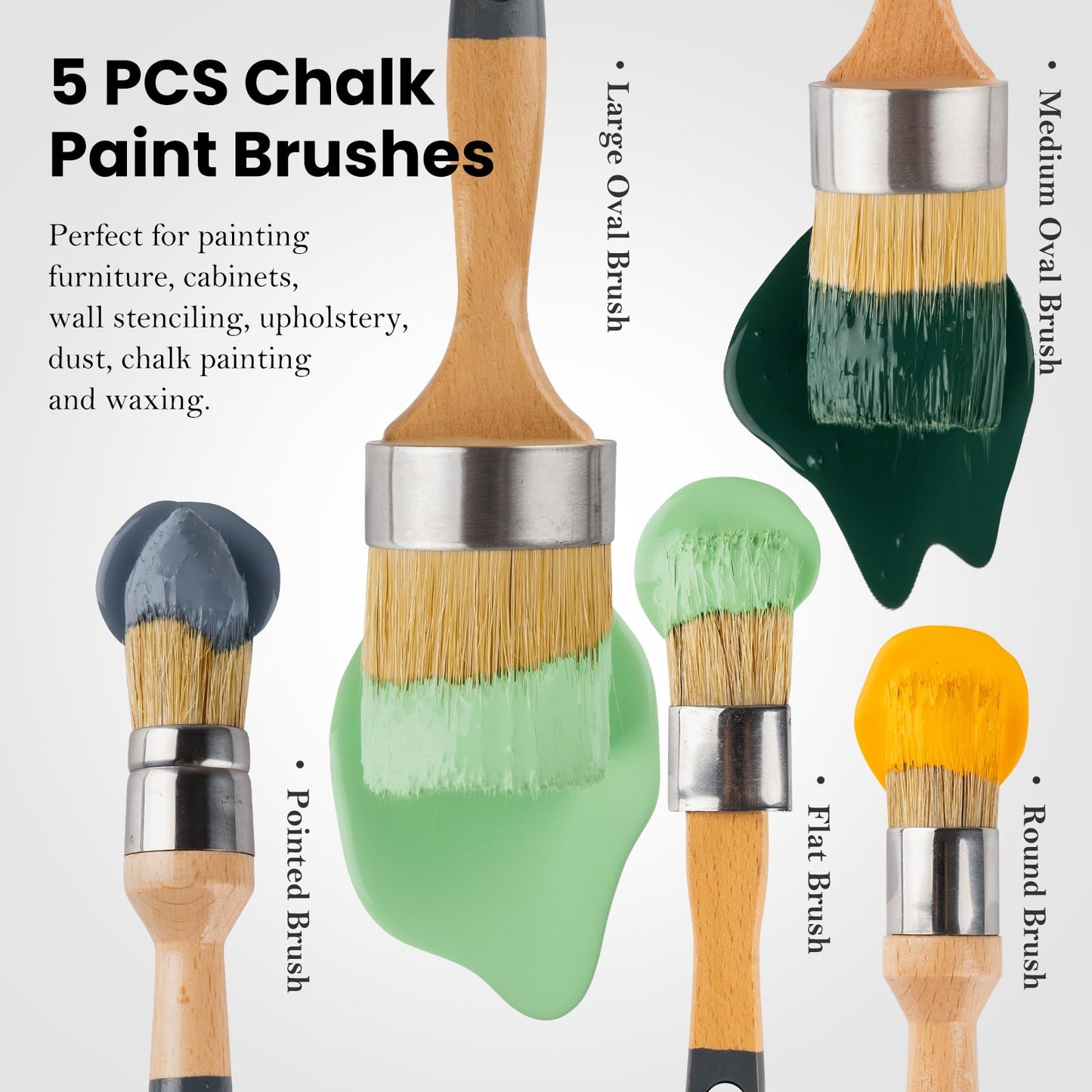 YiBaiBrush Chalk Paint Brush, Wax Paint Brush Set of 5, Wax Brushes and Chalk Paint for Furniture DIY Art Crafts, Natural Bristle Round Oval Brush for All Painting and Waxing