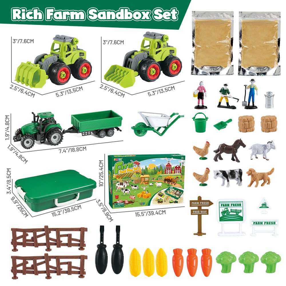 FRUSE Play Sand Farm Toys,Sensory Bins for Toddlers with 2.2lbs Sensory Play Sand,Farm Figures & Tractor Playset,Sandbox Toys for Kids 3 4 5 6 7