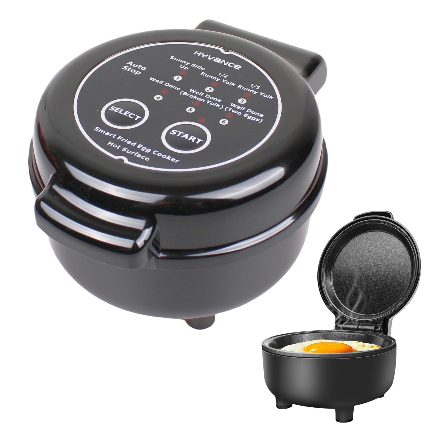 Hyvance Smart Fried Egg Cooker, Automatic Fried Egg Maker for 6 Features like Sunny Side Up, Over Easy, Fully Cooked & More. Auto Power Off, Alarm, Round Shape, Non Stick Coating (Black)