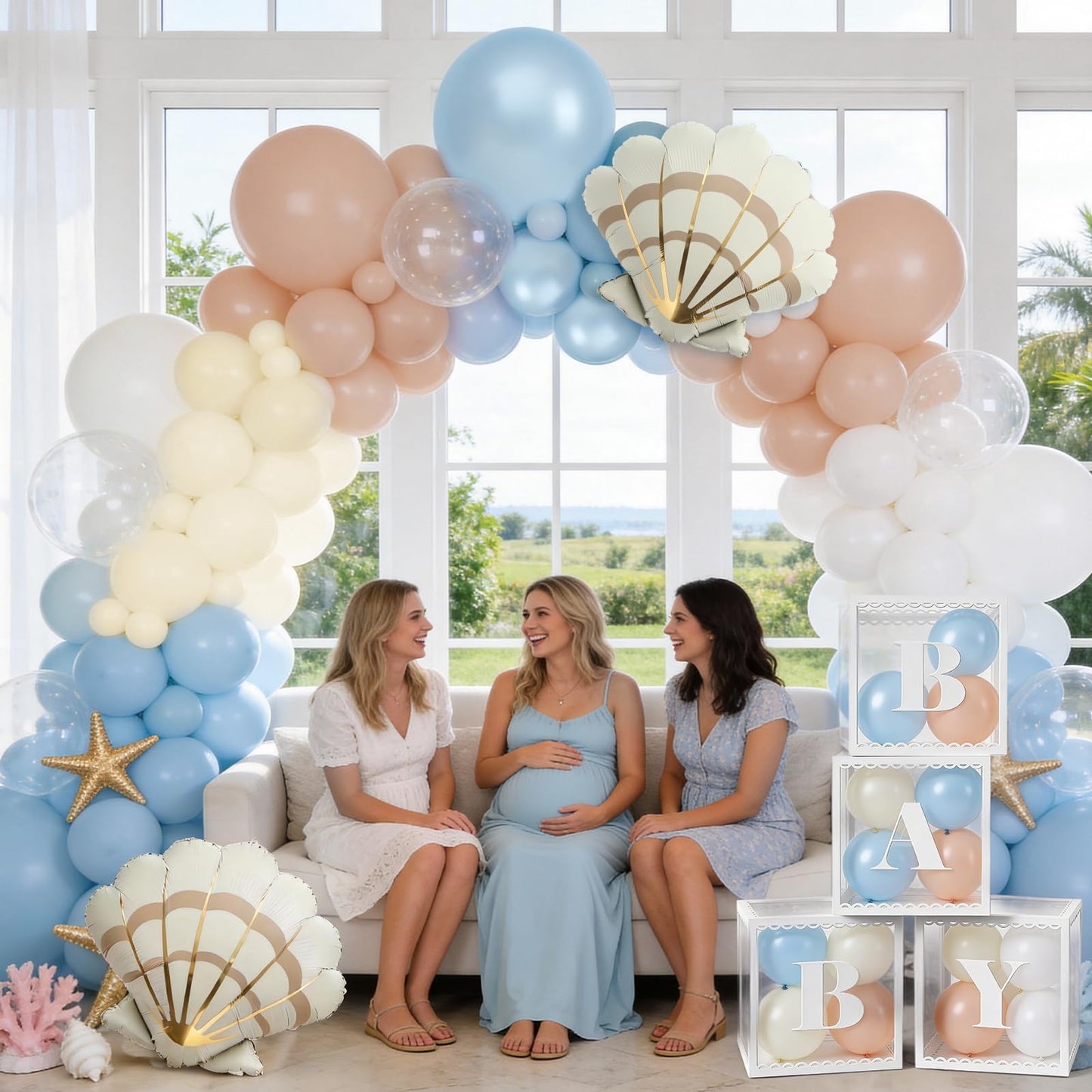 SNLN Under the Sea Baby Shower Decorations, Ocean Themed Birthday Party Decorations, Blue Pastel Orange White Balloon Arch Seashell Foil Balloon Box Sea You Soon Baby Shower Gender Reveal Decoration