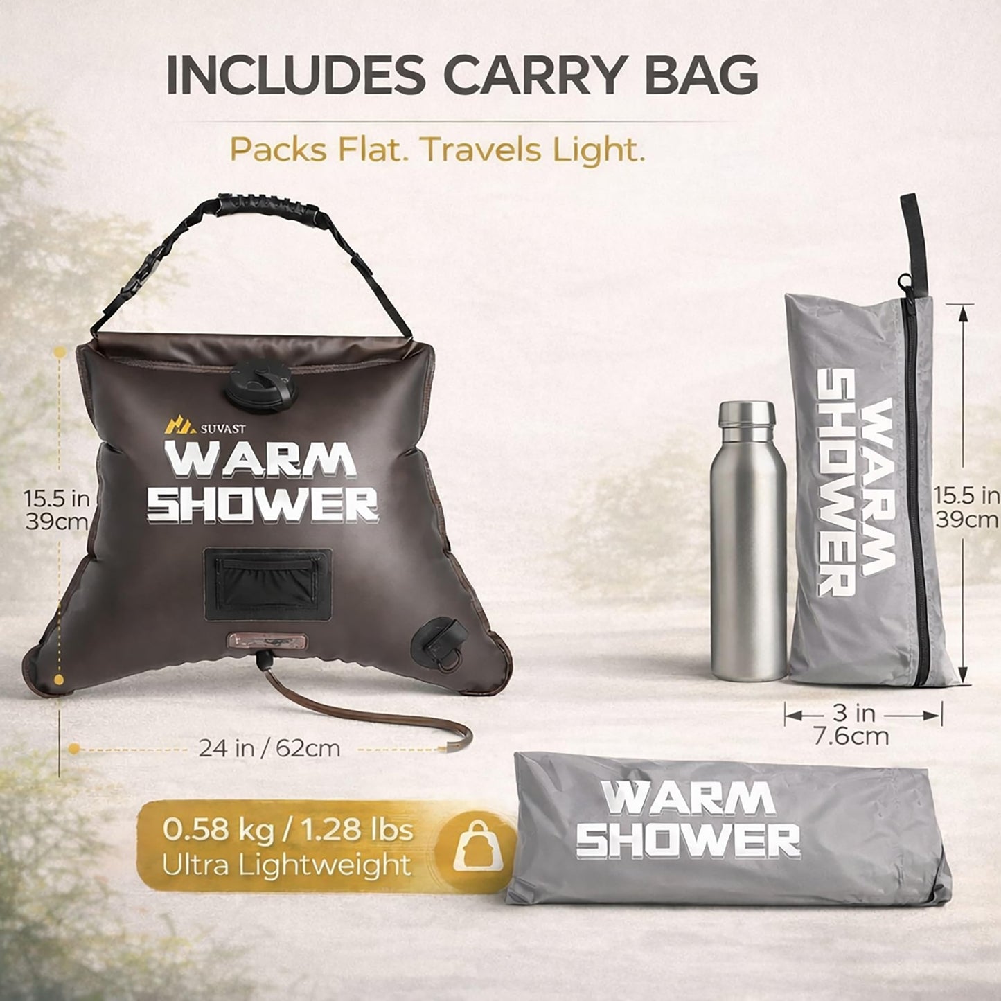 suvast Solar Shower Bag, 4 Gallon/15L, TPU Portable Solar Shower for Camping & Outdoor Cleaning, with Hose and Carry Bag