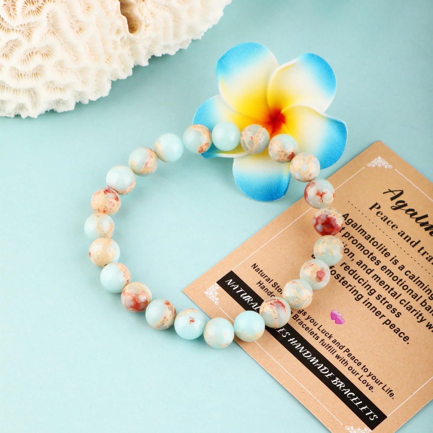 AD Beads 6mm Handmade Agalmatolite Elastic Bracelet – Natural Gemstone for Peace and Tranquility – Meditation, Yoga, Healing and Energy Gift for Men Women