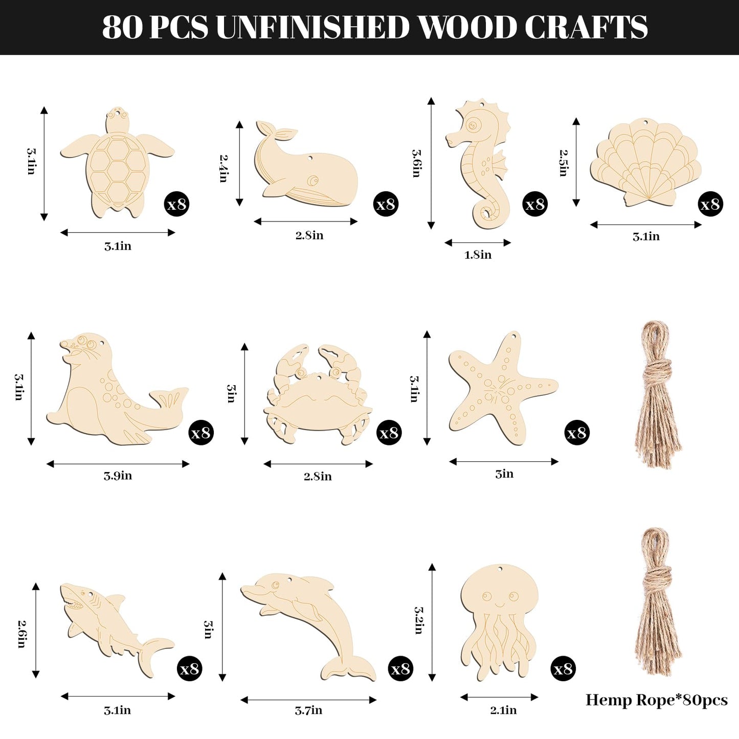 Subacy 80 PCS Unfinished Wood Cutouts 10 Styles DIY Wooden Ocean Ornaments, Wooden Art Craft Painting Kit for Kids, Birthday Easter Creativity Arts & Crafts, Sea Animal Shape